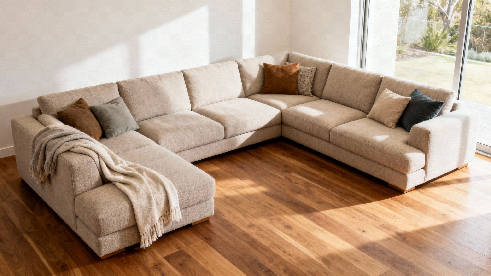 A spacious light beige U-shaped sectional lounge with throw pillows and blankets on a wooden floor.