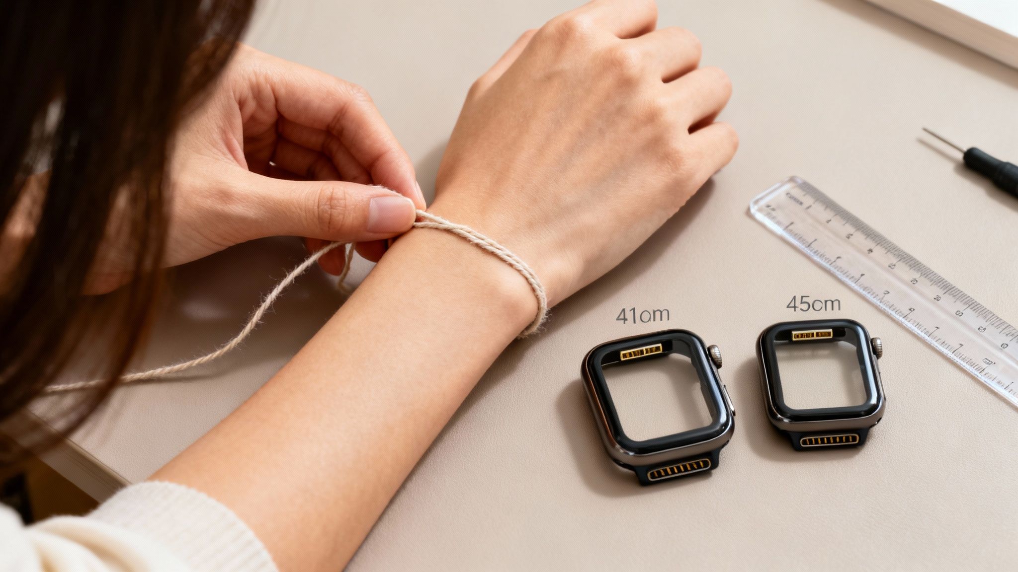 A person measures their wrist circumference with a string next to 41mm and 45mm Apple Watch cases.
