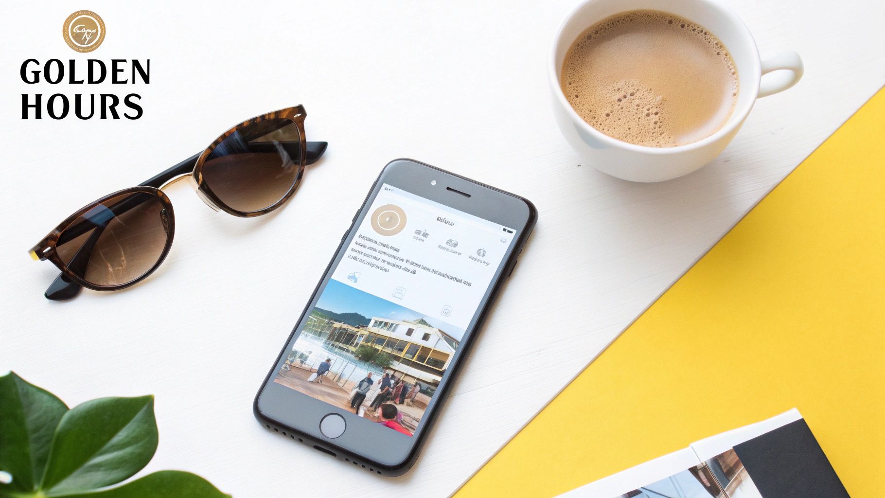 Flat lay of sunglasses, a smartphone displaying a social media feed, coffee, and a plant.