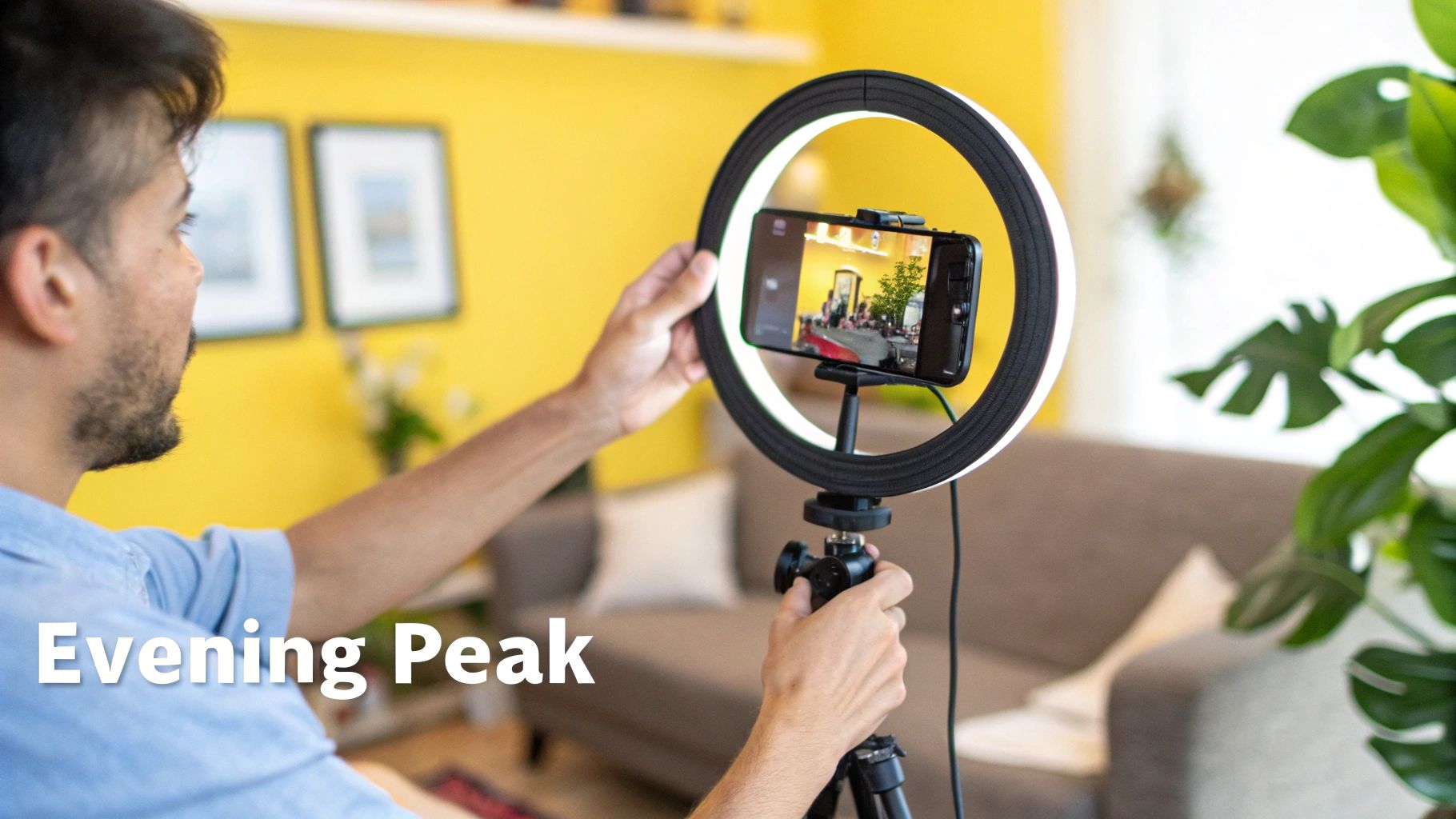 A man sets up a smartphone on a ring light stand, preparing for live streaming or video recording.