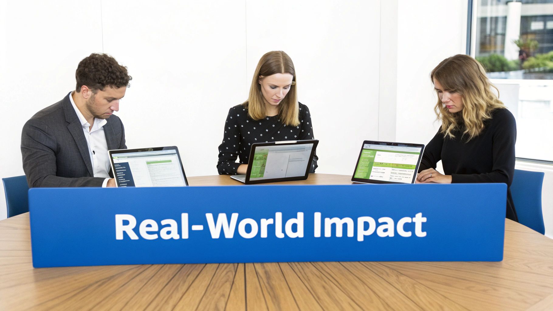 A team collaborating around a desk with glowing data visualizations, representing AI-driven business innovation.