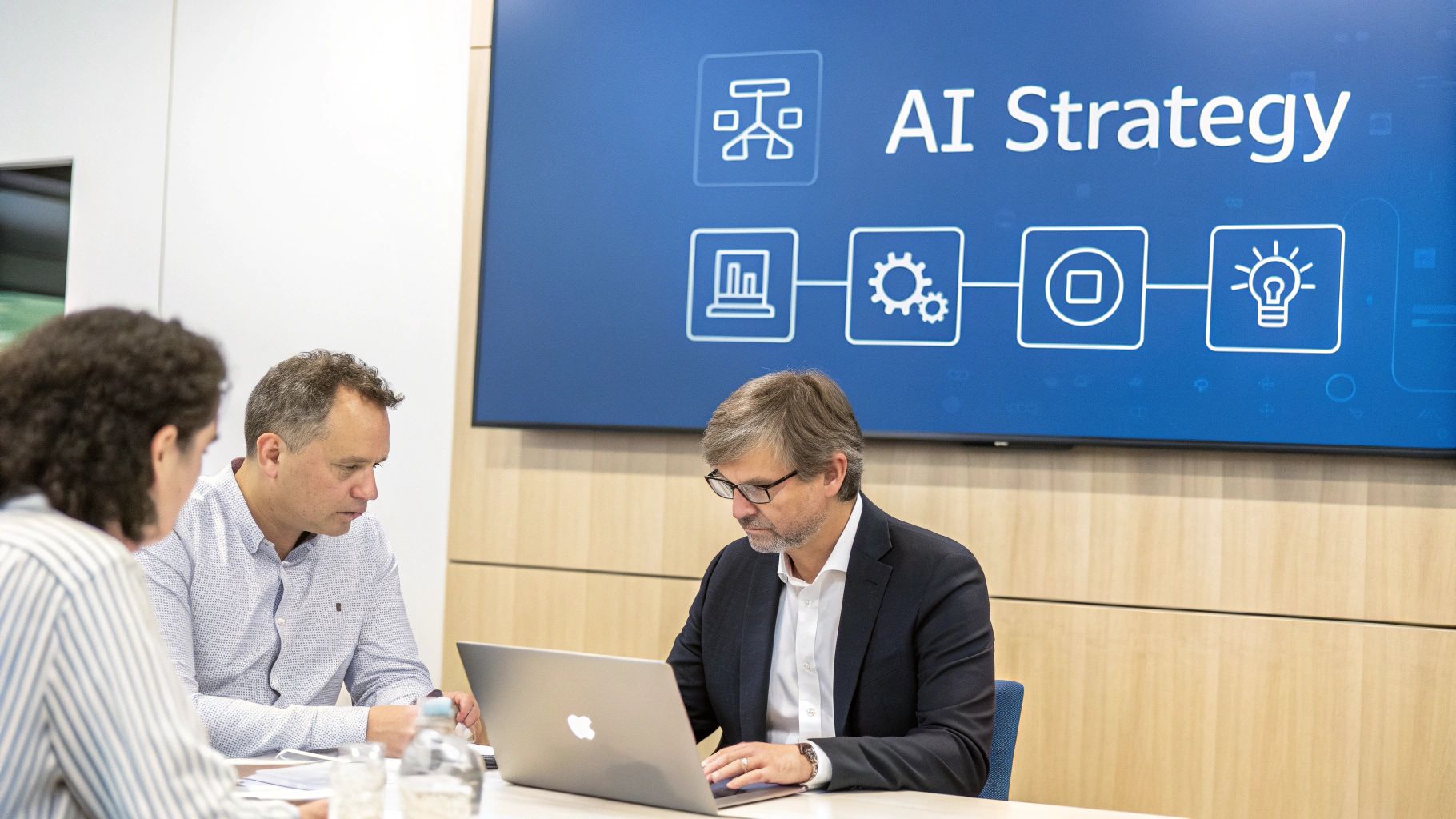 A team of employees in a modern office collaborating on a project involving AI.