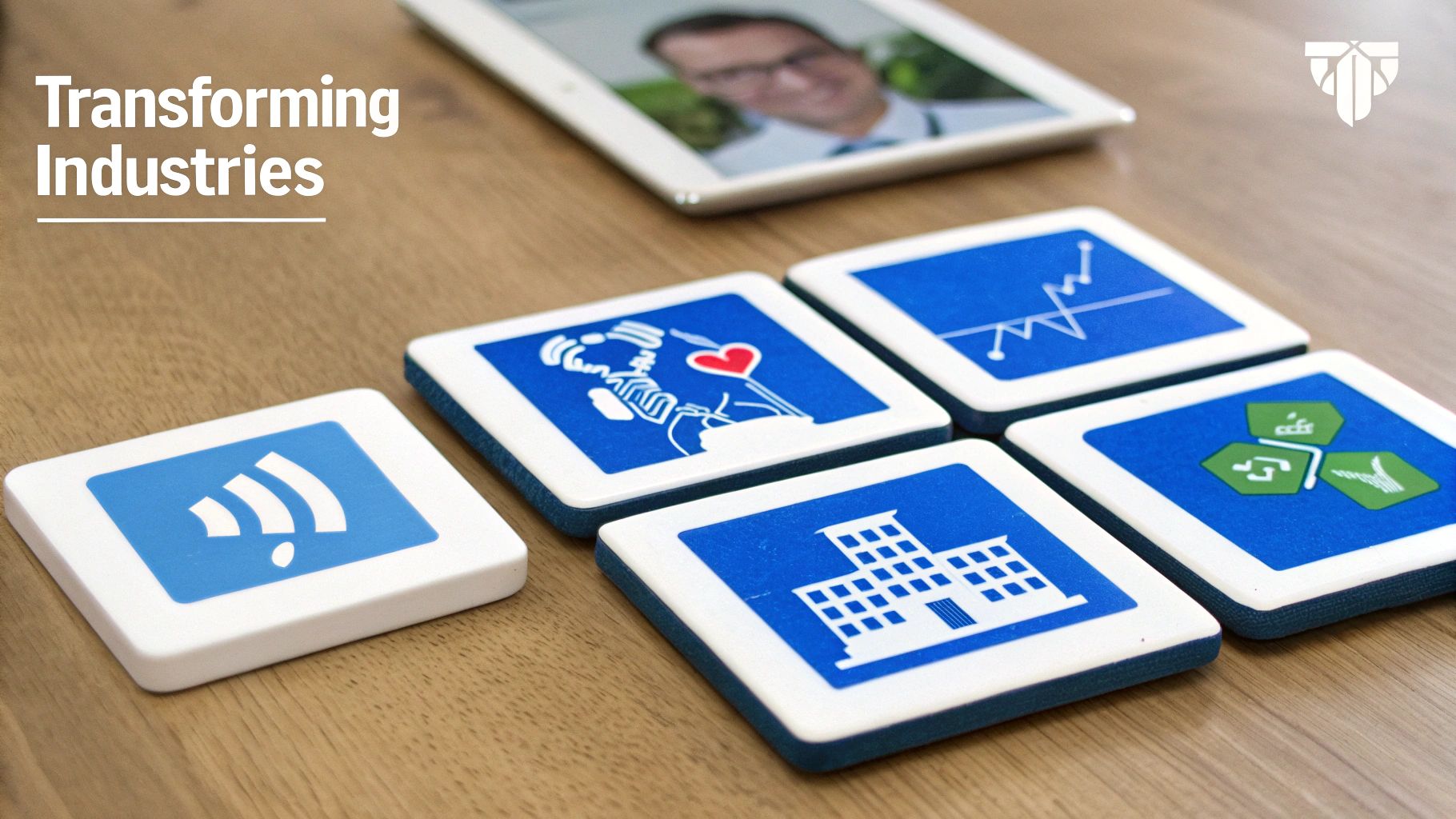 Square tiles with icons representing Wi-Fi, healthcare, finance, building, and technology solutions on a wooden table.