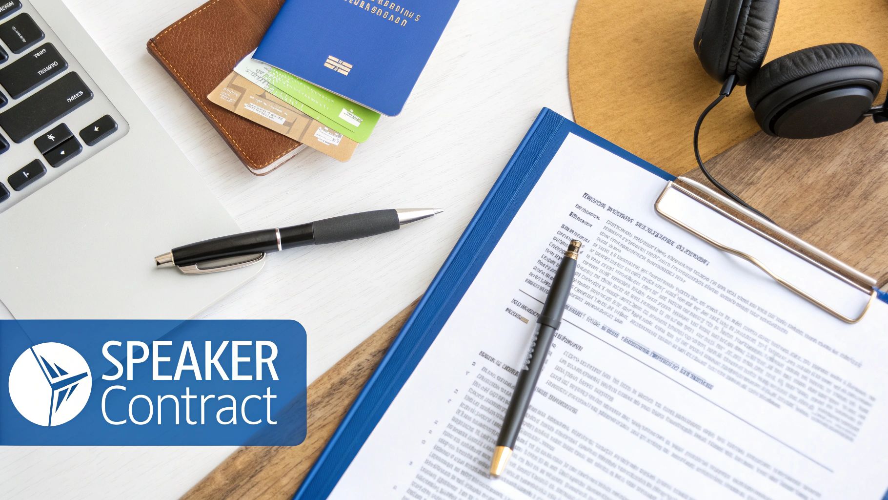 A speaker signing a contract at a desk with a laptop and a coffee.