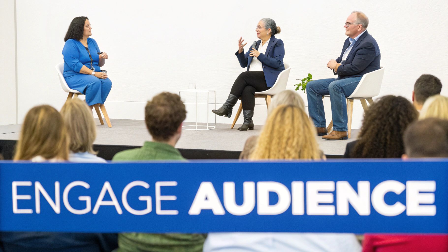 Three diverse speakers sit on a stage, discussing in front of an audience at a conference.