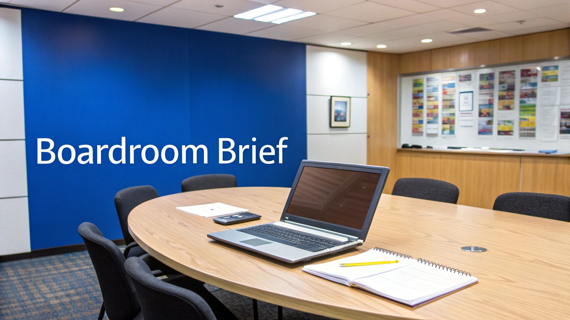 A modern boardroom featuring a blue accent wall, a large oval table, a laptop, and a notebook.
