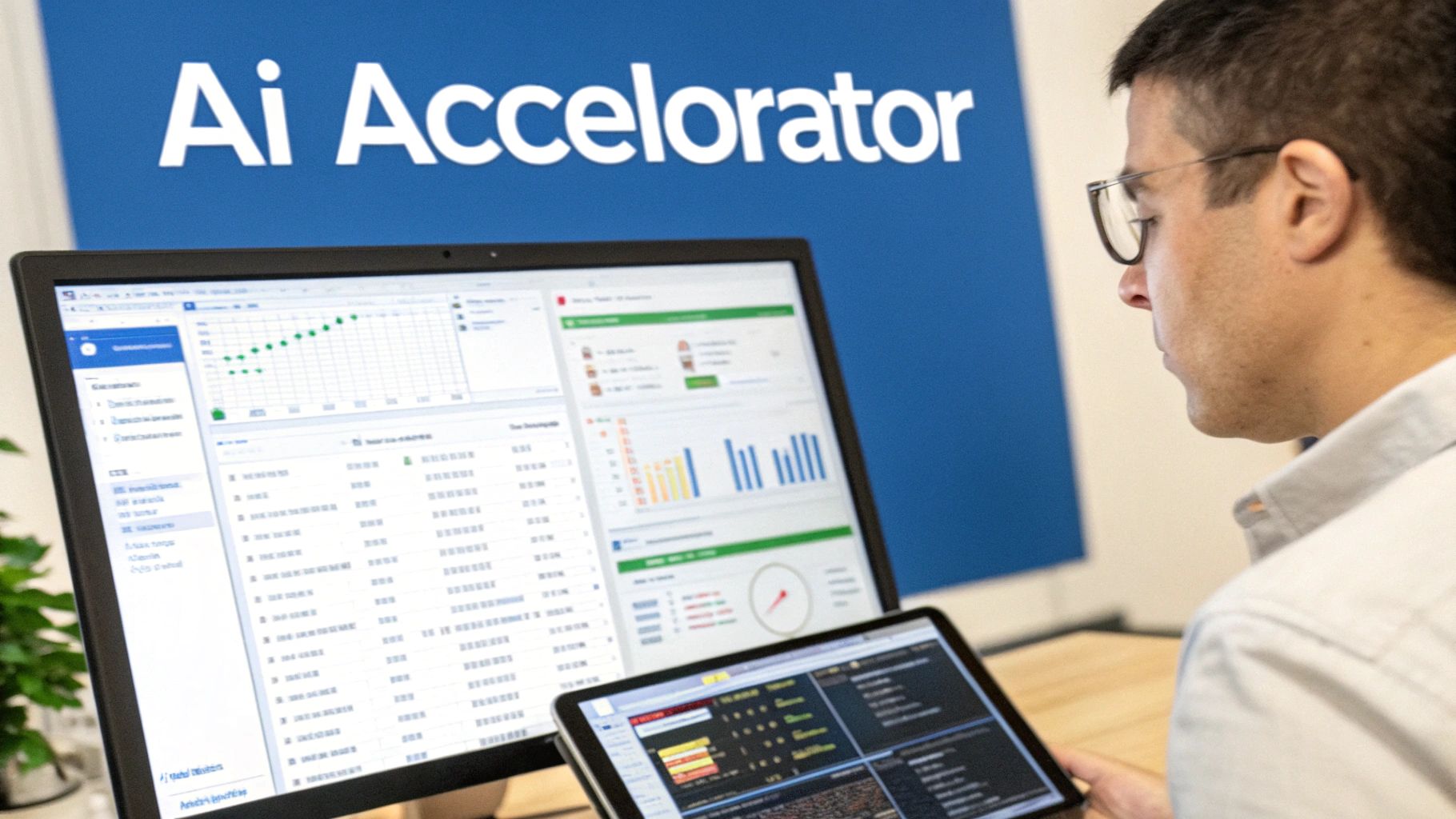Professional analyzing business data dashboards and charts on computer monitor at AI Accelerator office