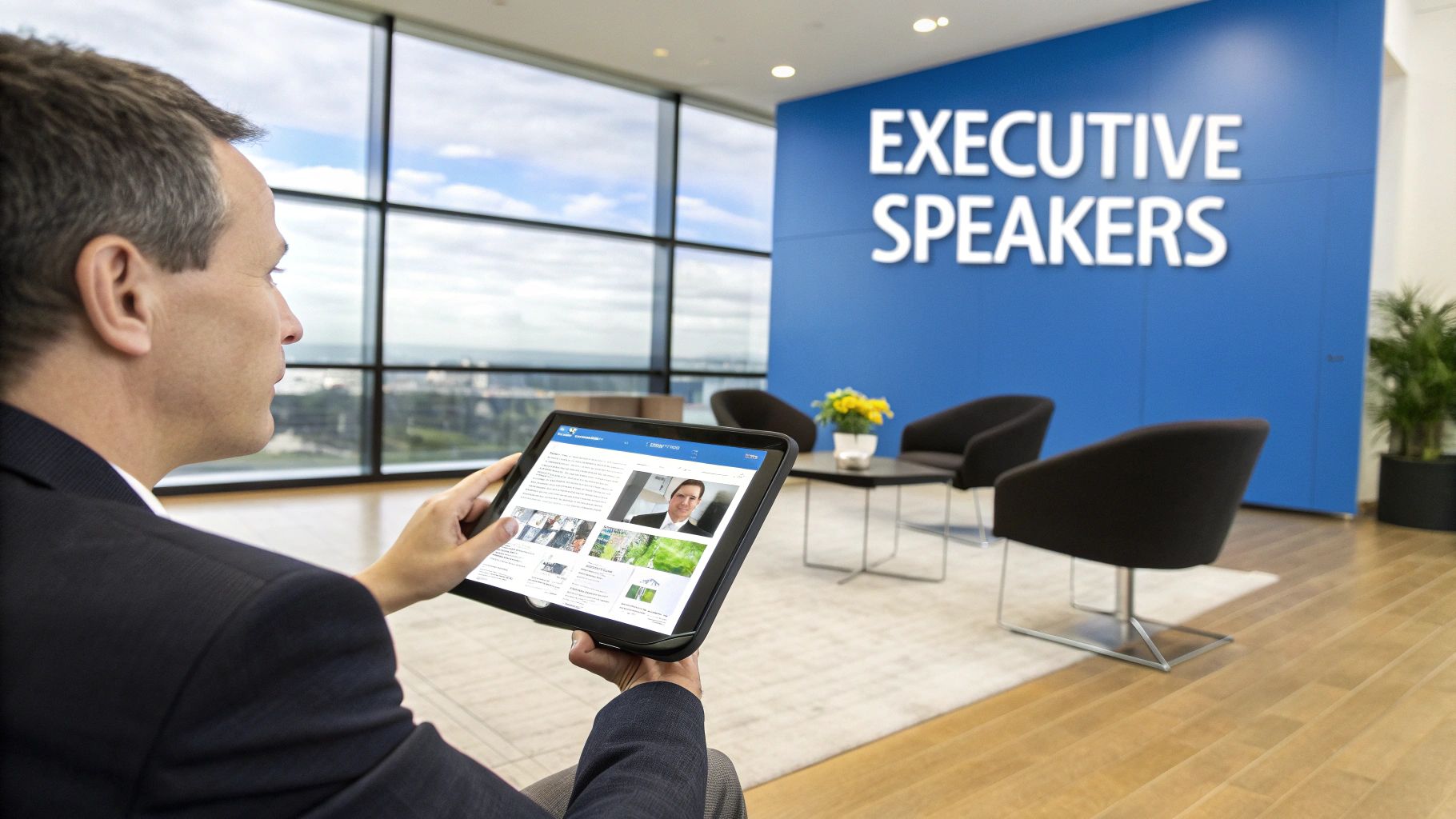 Professional businessman viewing executive speakers bureau website on tablet in modern conference room