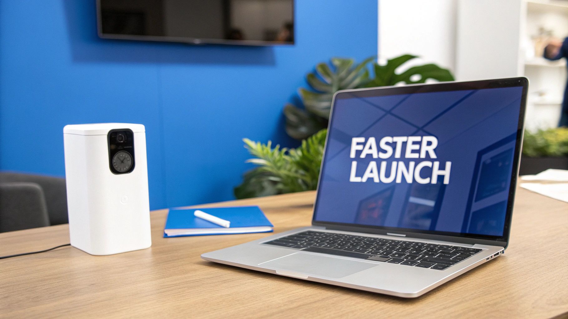 Laptop displaying faster launch text on desk with white device and blue notebook