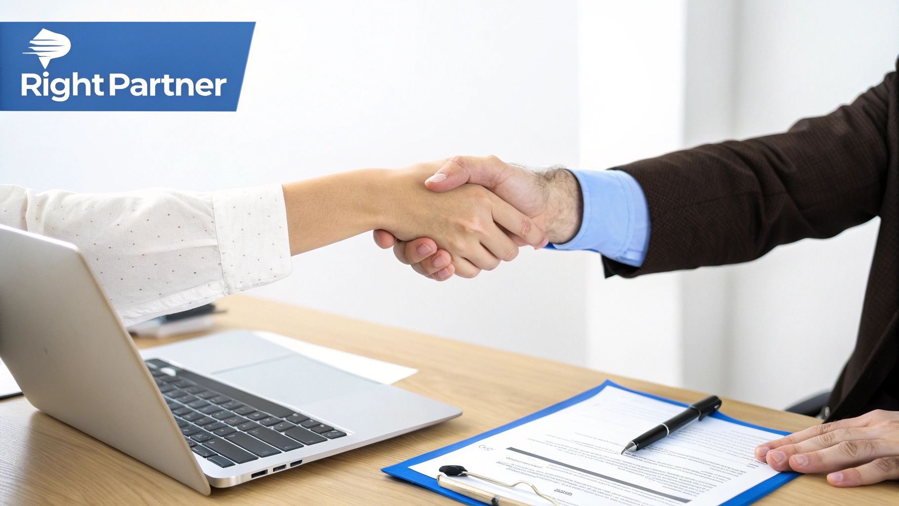 A diverse team of professionals collaborating around a table with laptops and charts, symbolizing partnership.