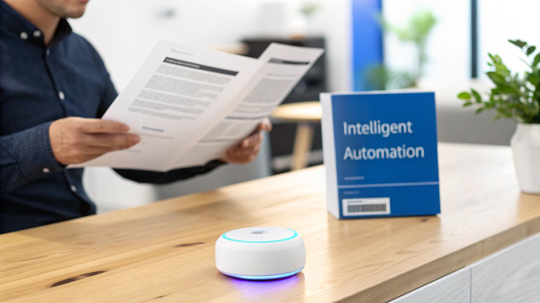 A person reads a document next to a white smart home device and an 'Intelligent Automation' sign.