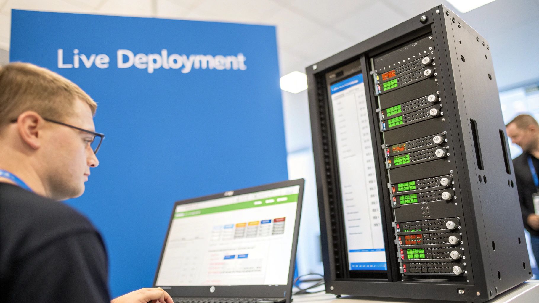 A server room with glowing lights, symbolizing the infrastructure behind live algorithmic trading.