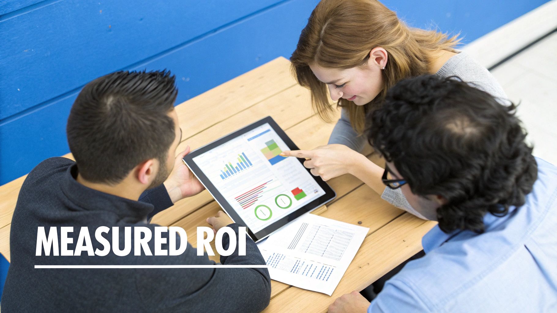 Business team analyzing data charts on a digital screen, symbolizing ML success