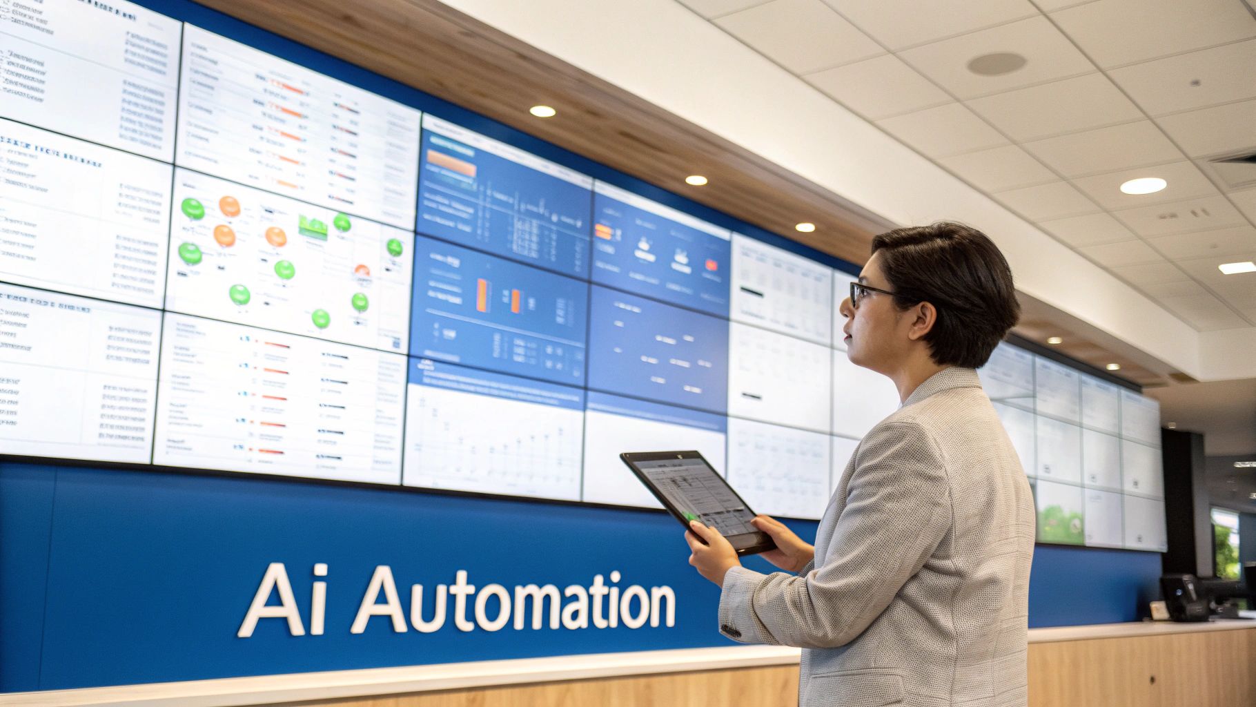 A woman with a tablet stands before a large video wall displaying AI automation data and dashboards.