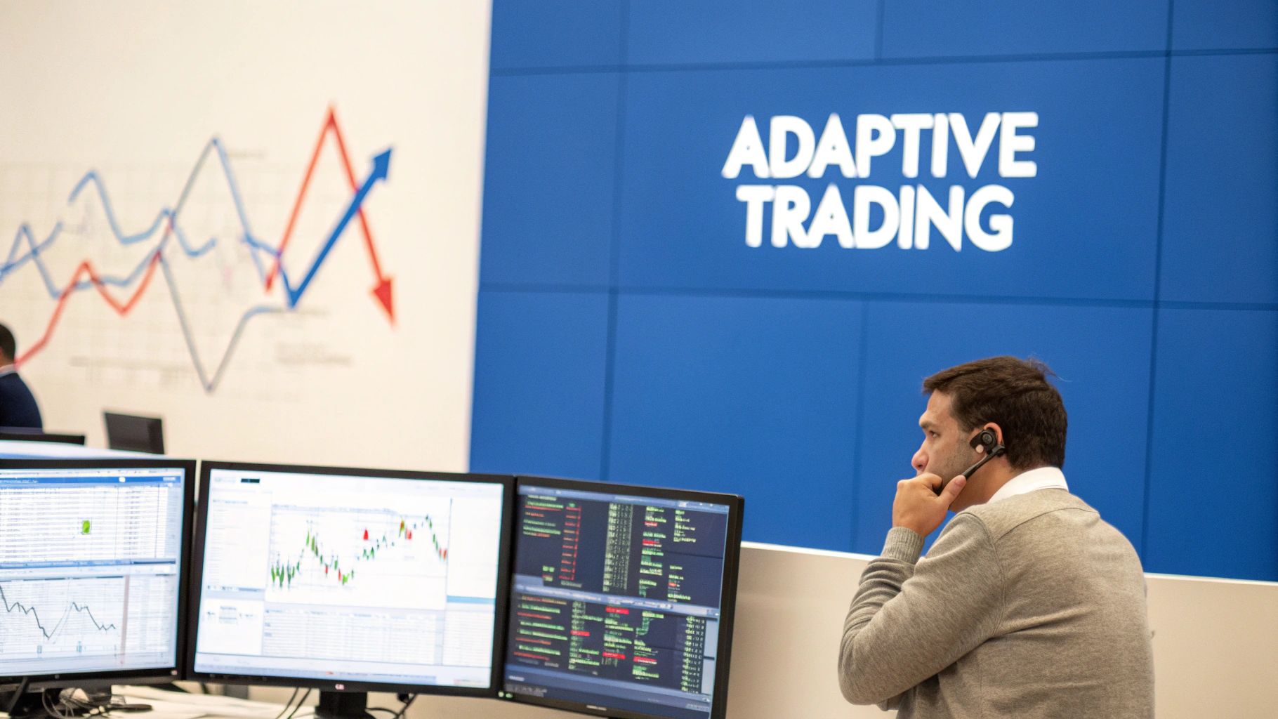 A futuristic digital display showing complex financial data charts and algorithmic patterns.