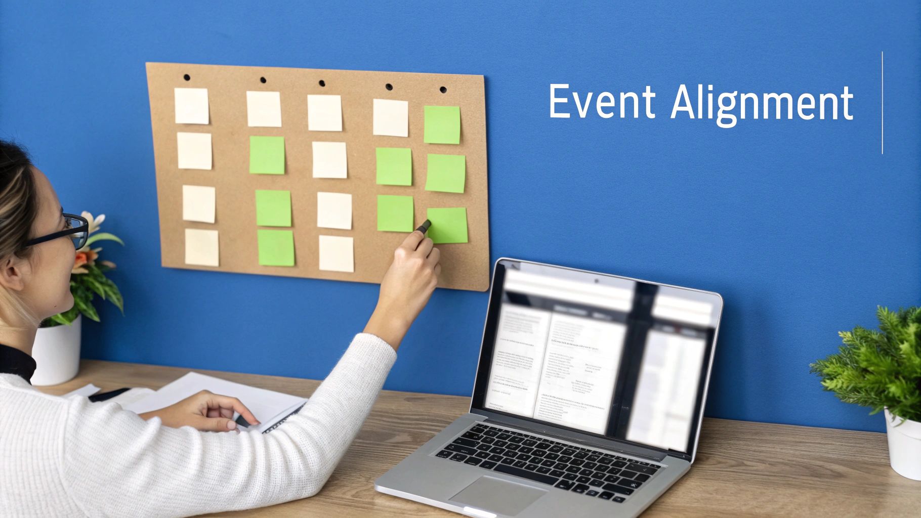 A woman points at a green sticky note on a board, with a laptop and plants on her desk, illustrating event alignment.