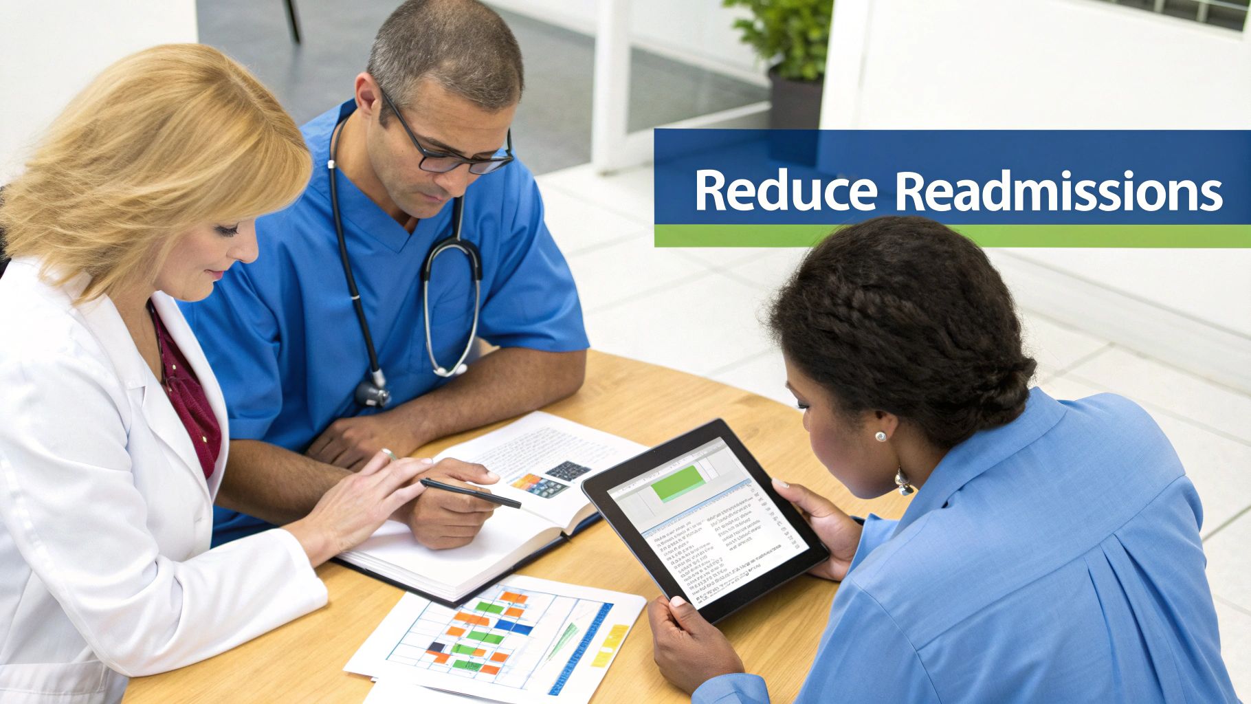 Healthcare team collaborating at table reviewing patient data charts and tablets to reduce readmissions