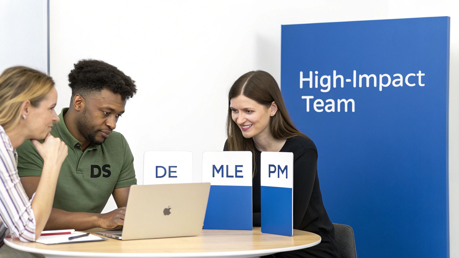 A team of data science professionals collaborating around a computer screen.