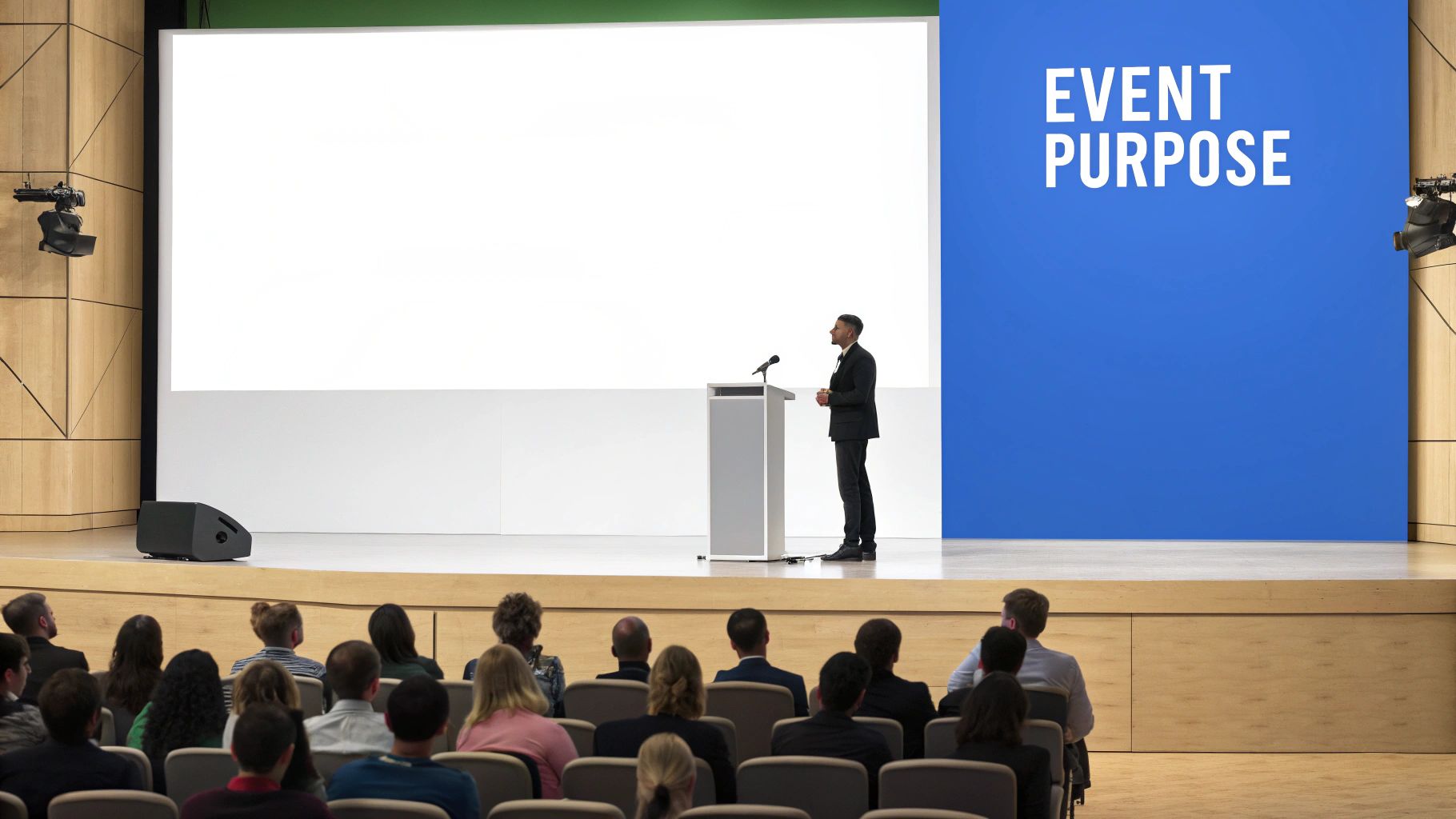 A business keynote speaker presents on stage to an audience, with 'EVENT PURPOSE' on screen.