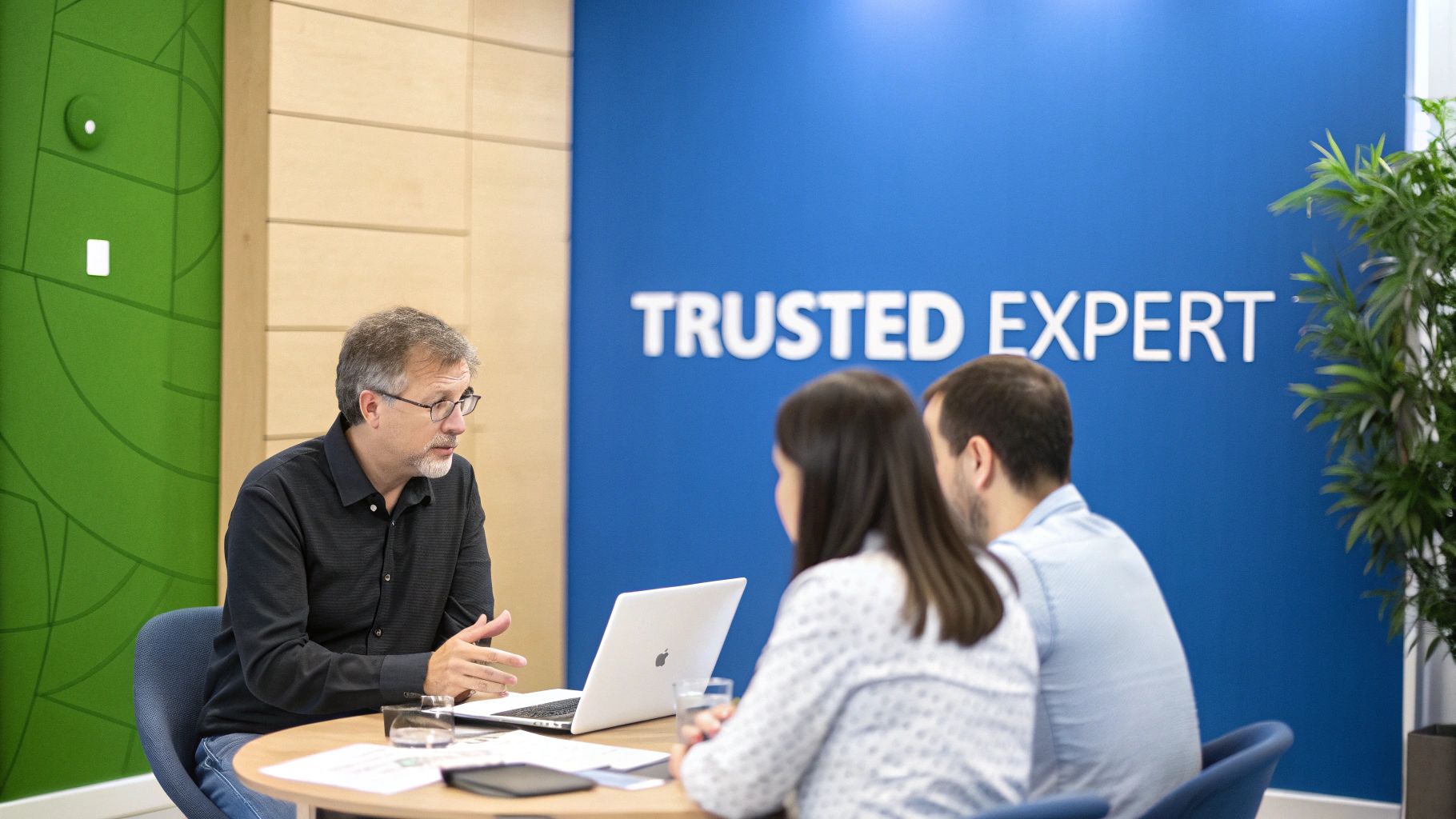 A group of professionals collaborating on a marketing strategy in a modern office.