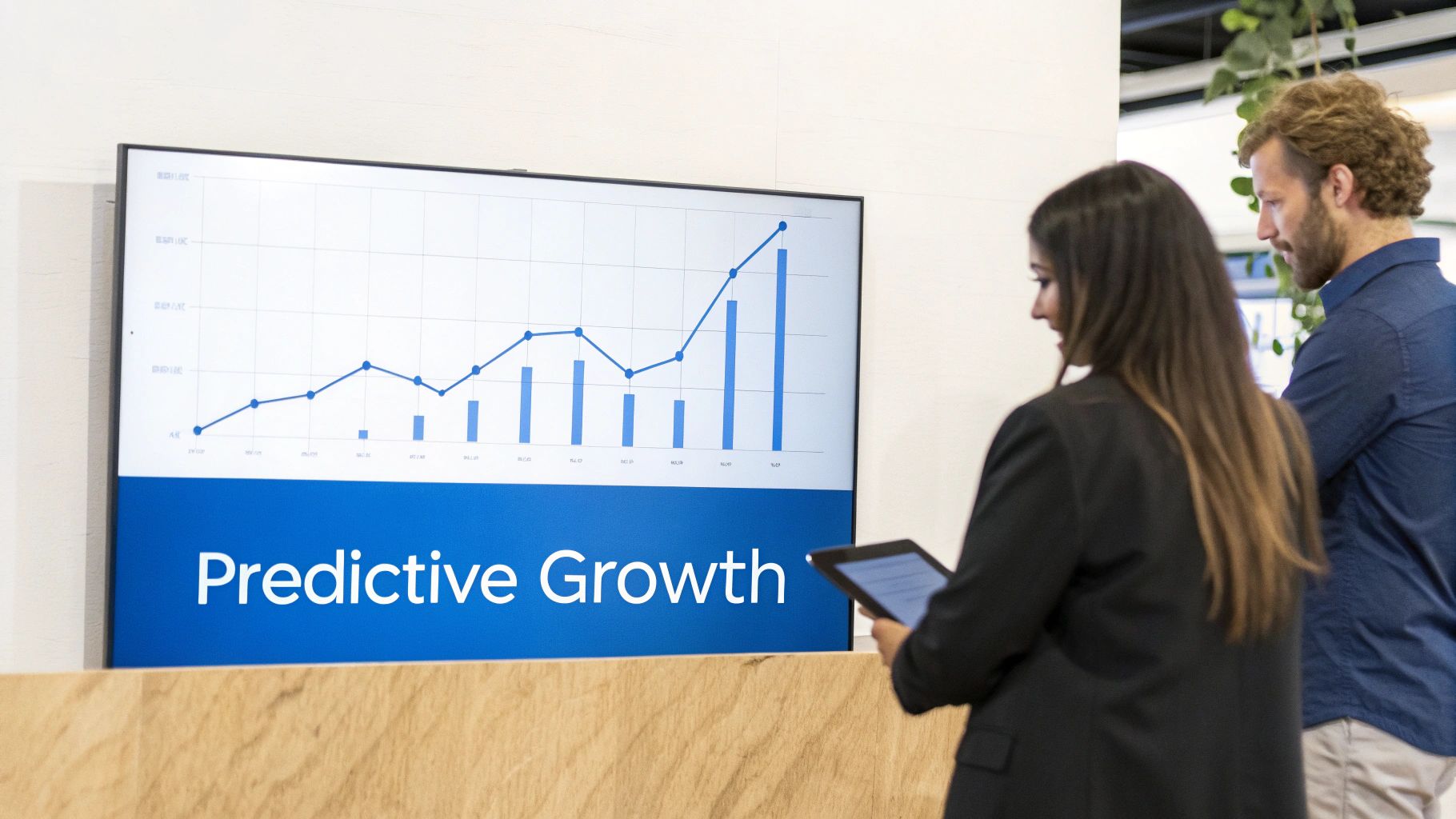 Two professionals analyze a 'Predictive Growth' graph on a large screen in an office.