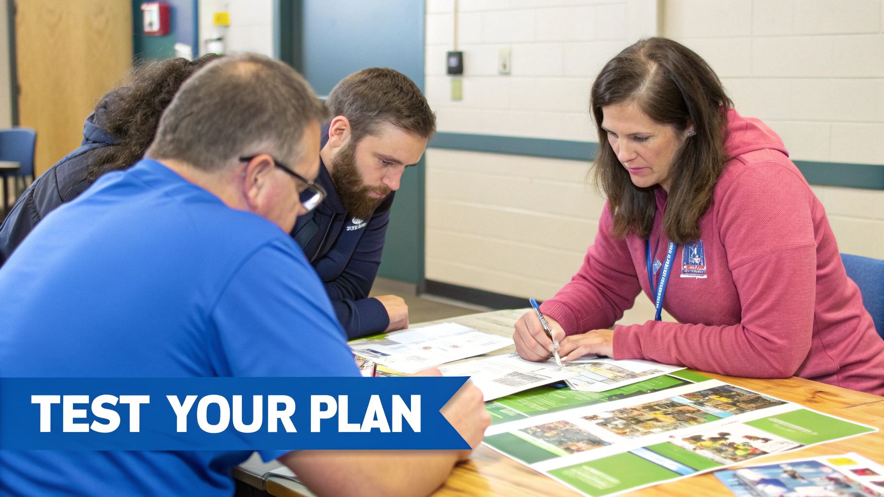 A team of professionals collaborating around a table during a strategic planning session