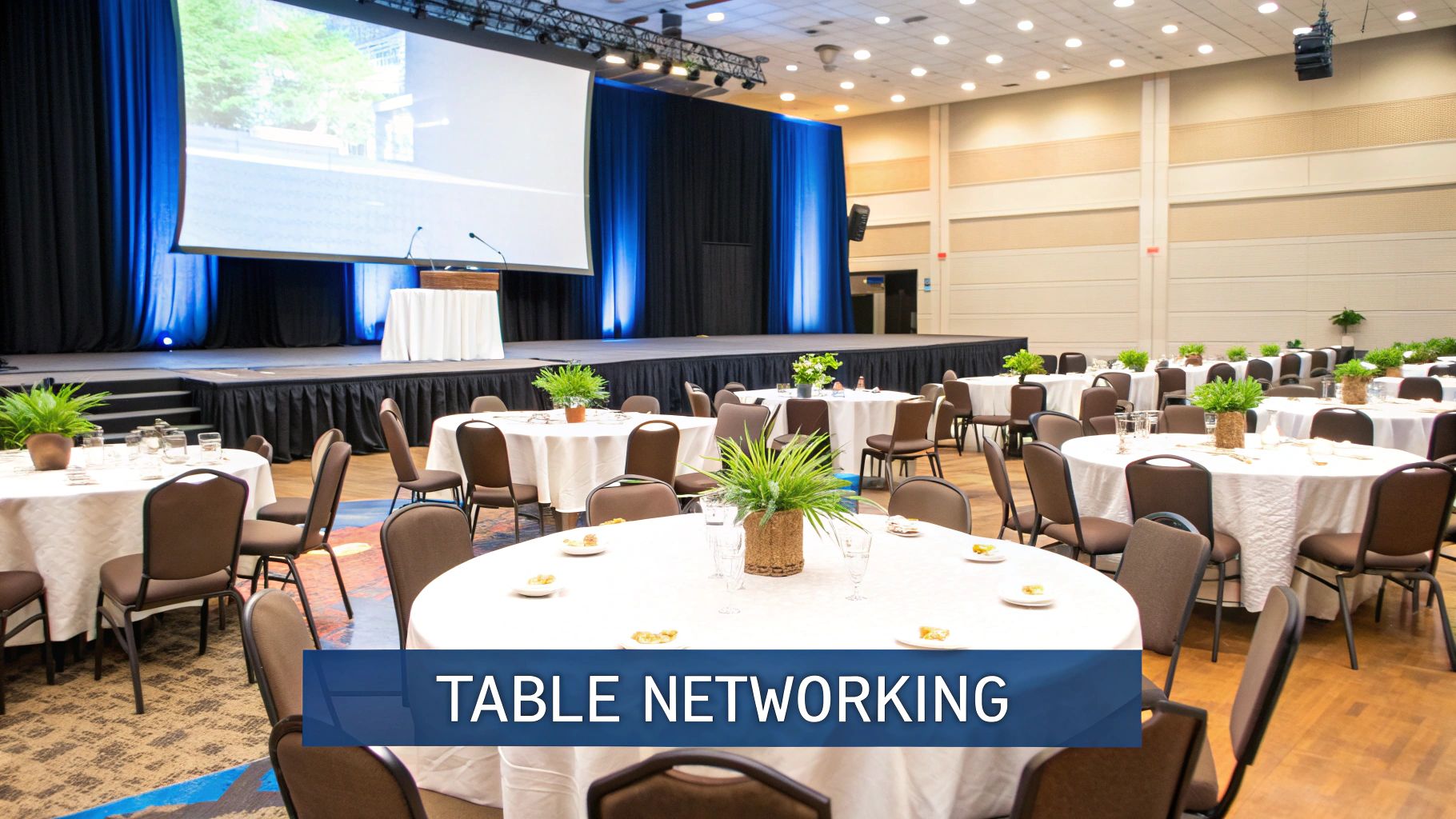 Spacious conference room set up for a networking event with many round tables and a stage.