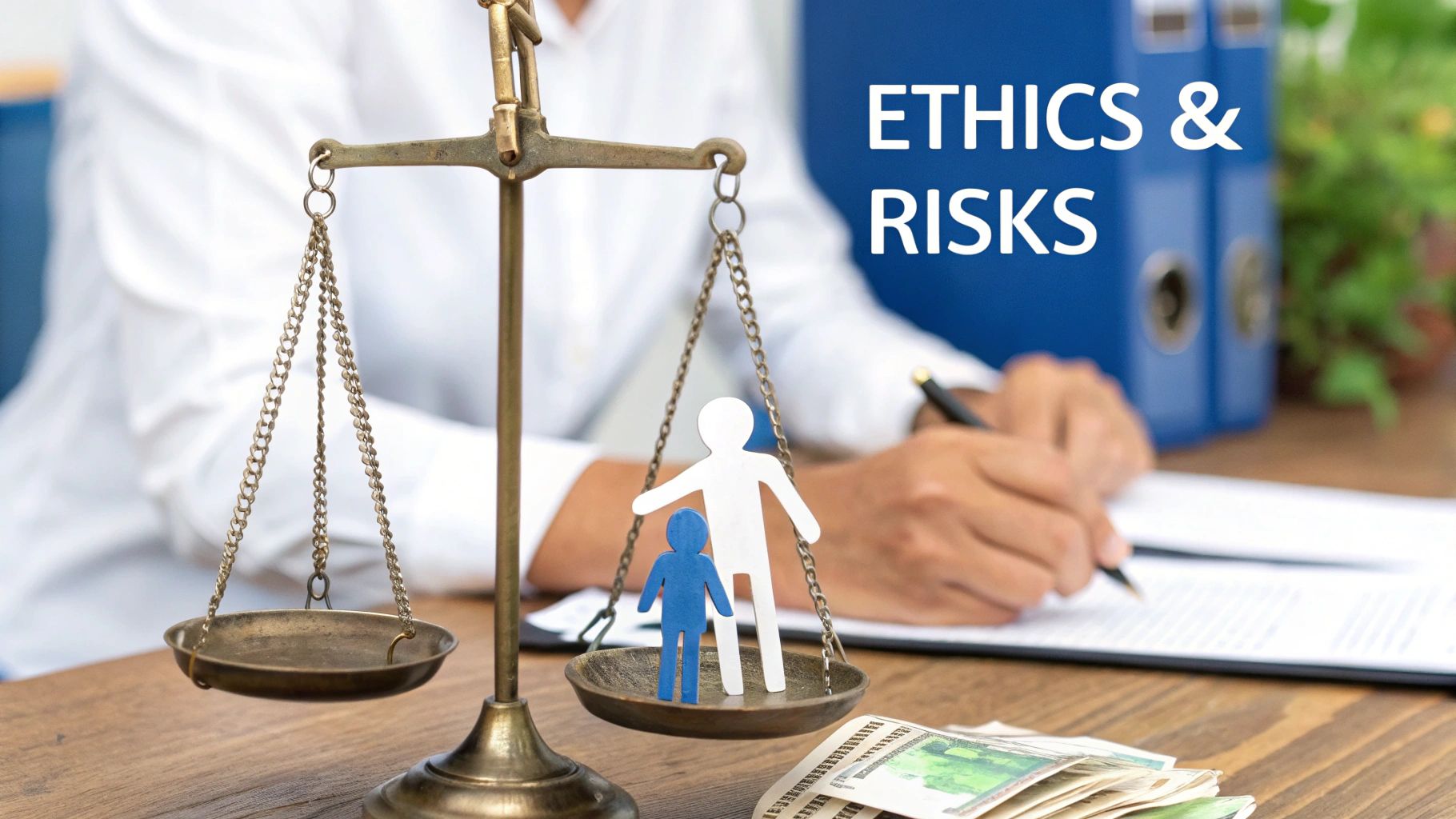 A person writing at a desk with a scale, paper figures representing family, money, and 'ETHICS & RISKS' text.