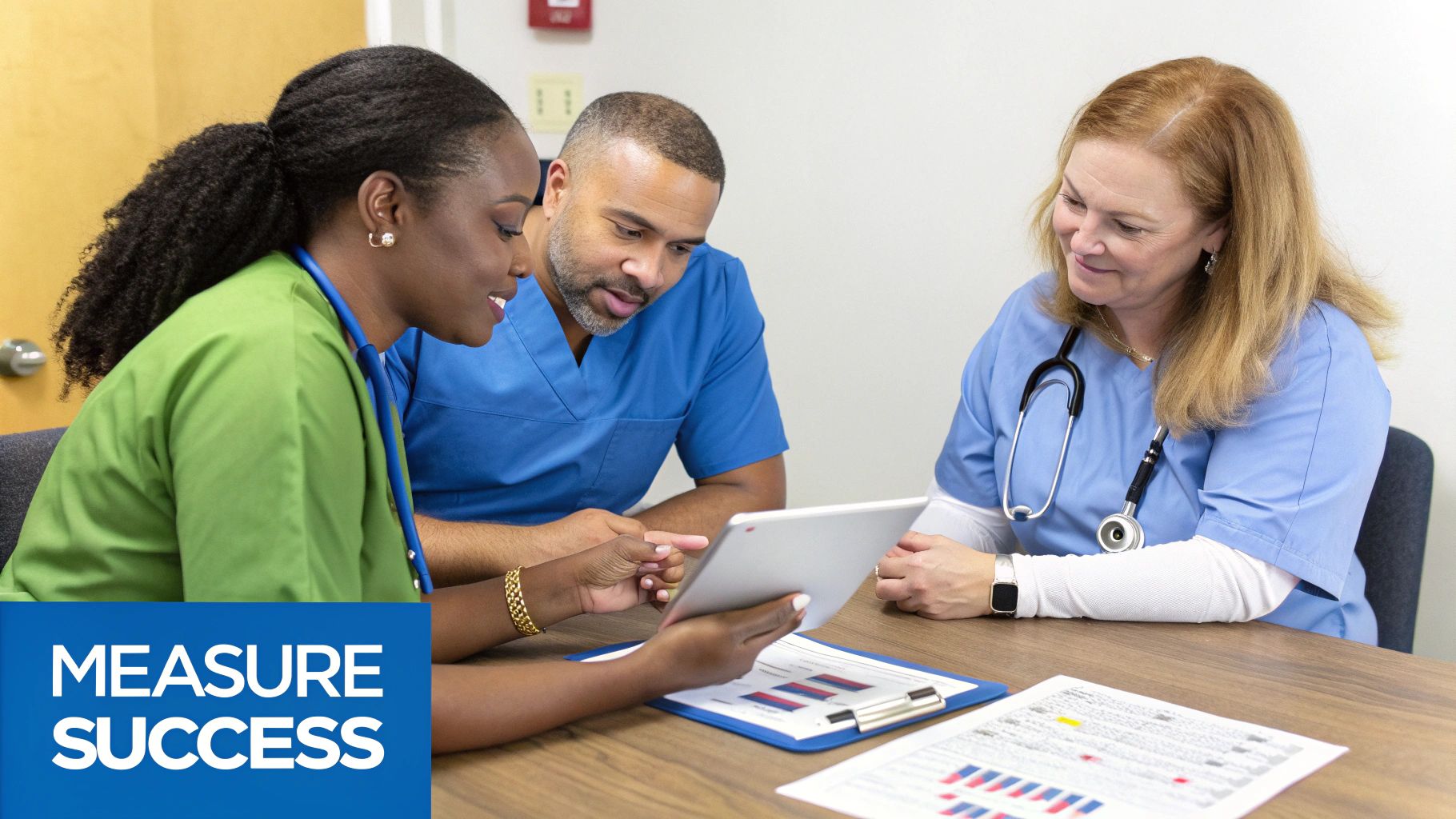 A group of healthcare professionals collaboratively reviewing data on a large screen, symbolizing the implementation of a clinical decision support system.
