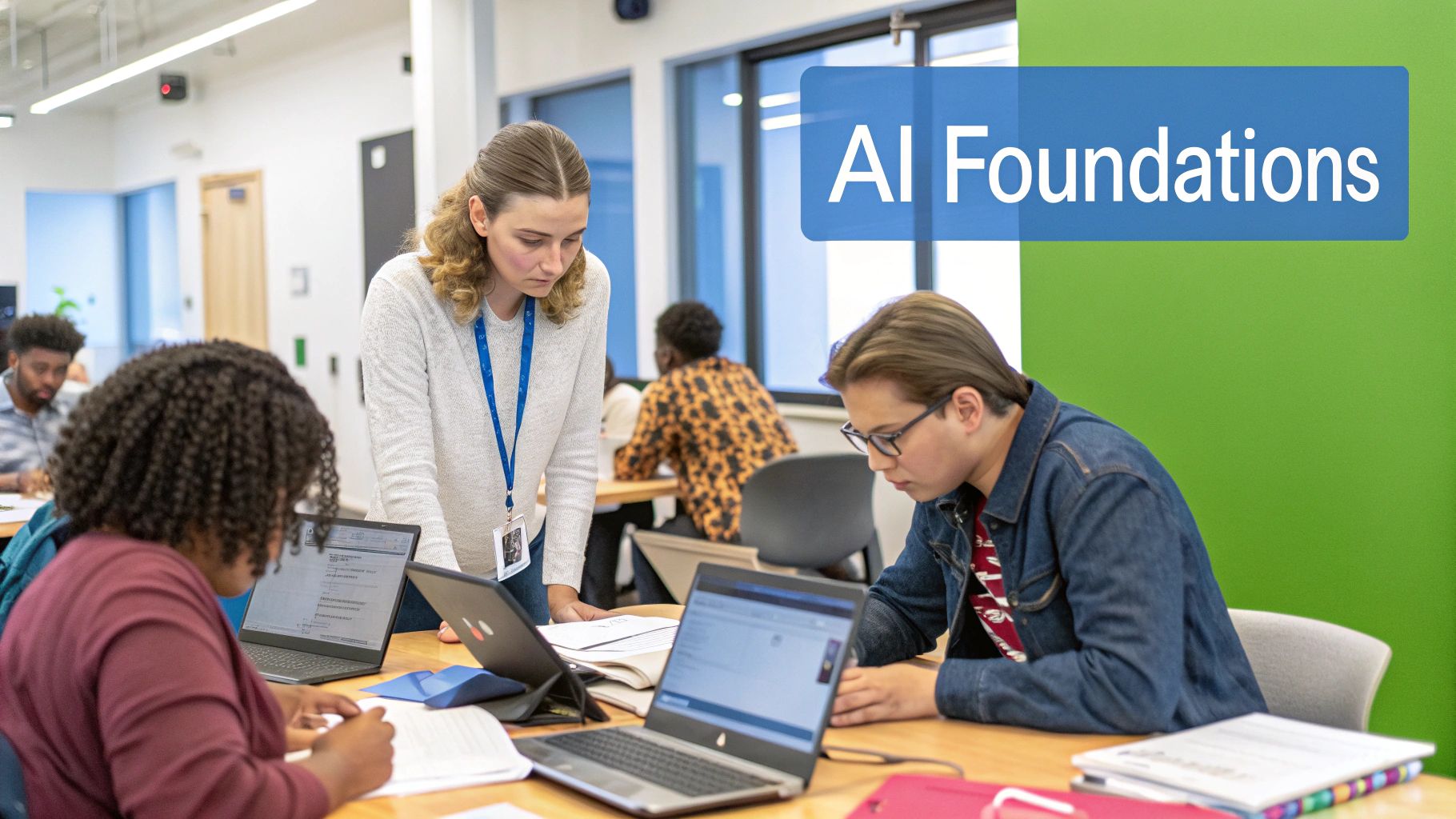 A group of diverse students collaborating around a laptop displaying complex data visualizations.