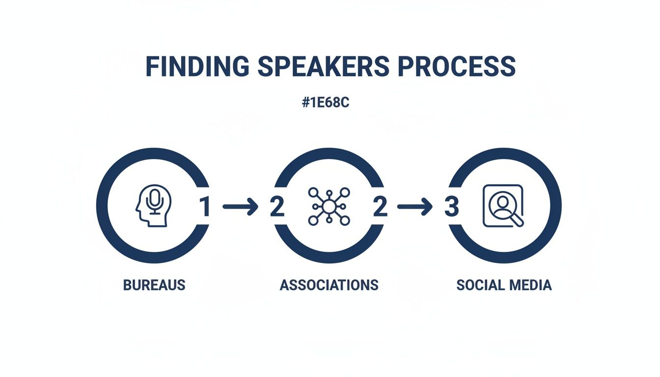 Infographic illustrating the three-step process for finding speakers: Bureaus, Associations, and Social Media.