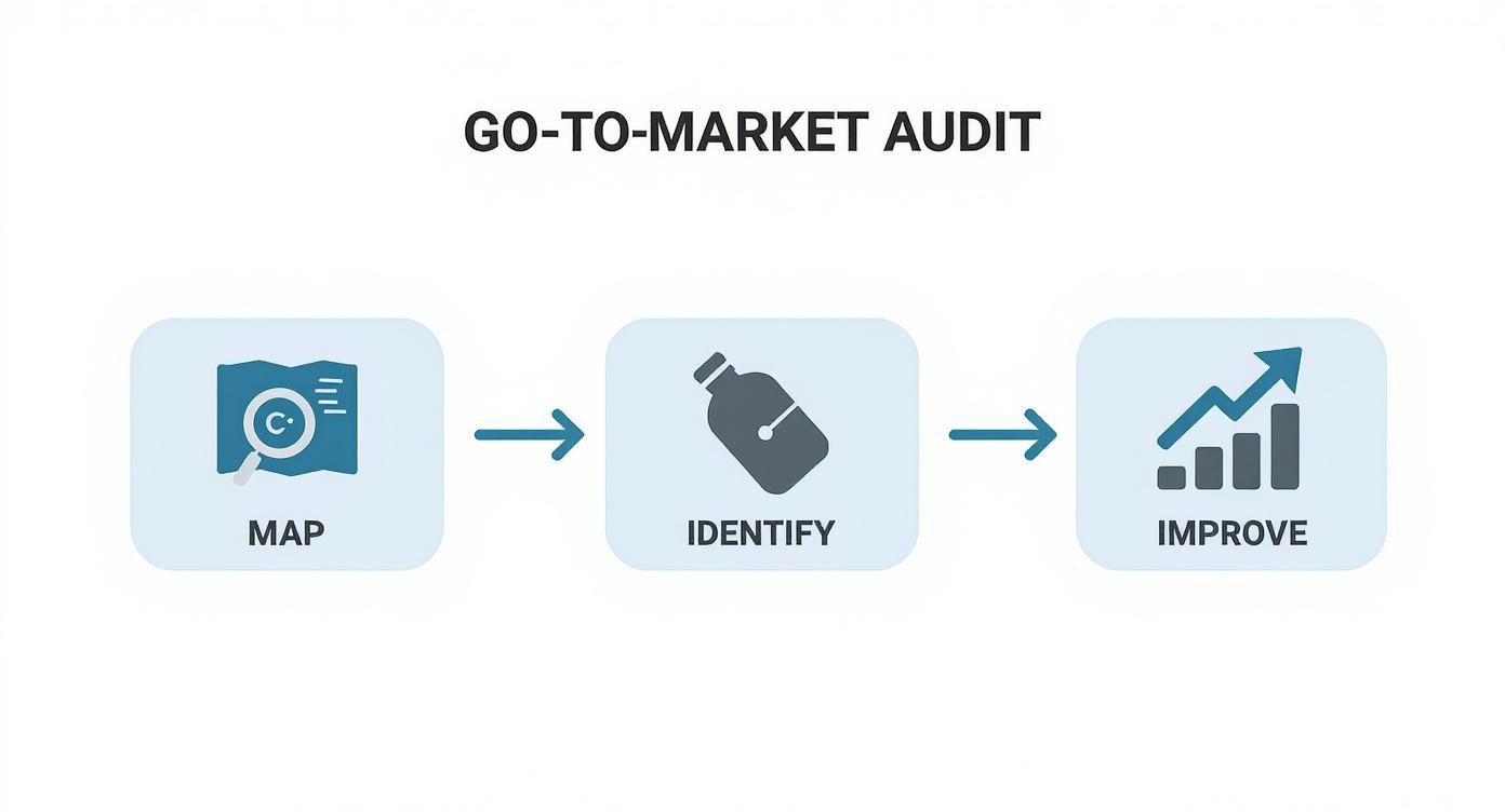 Go-to-market audit process diagram showing three stages: map, identify, and improve with arrows connecting them