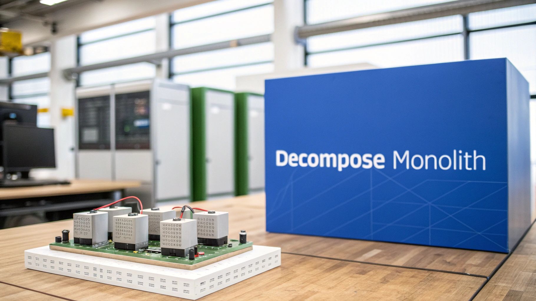 Electronic circuit board with components displayed next to blue Decompose Monolith branded box in modern office