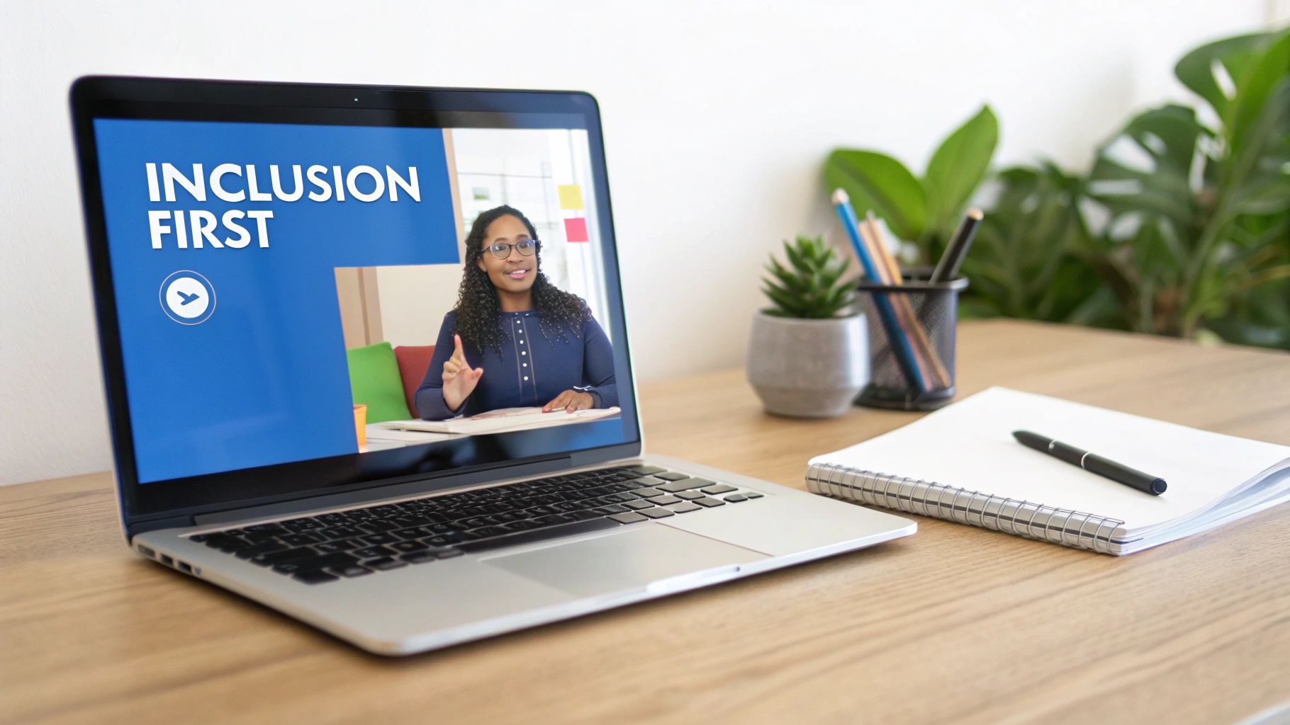Woman leading a virtual 'Inclusion First' conference on a laptop, with a notebook and pen on a wooden desk.