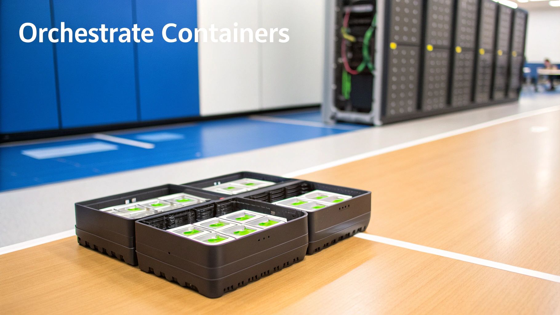 Organized storage containers with hard drives arranged in data center environment for container orchestration