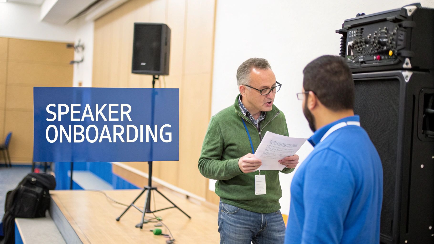 Two men discussing a document during speaker onboarding for a conference event setup.