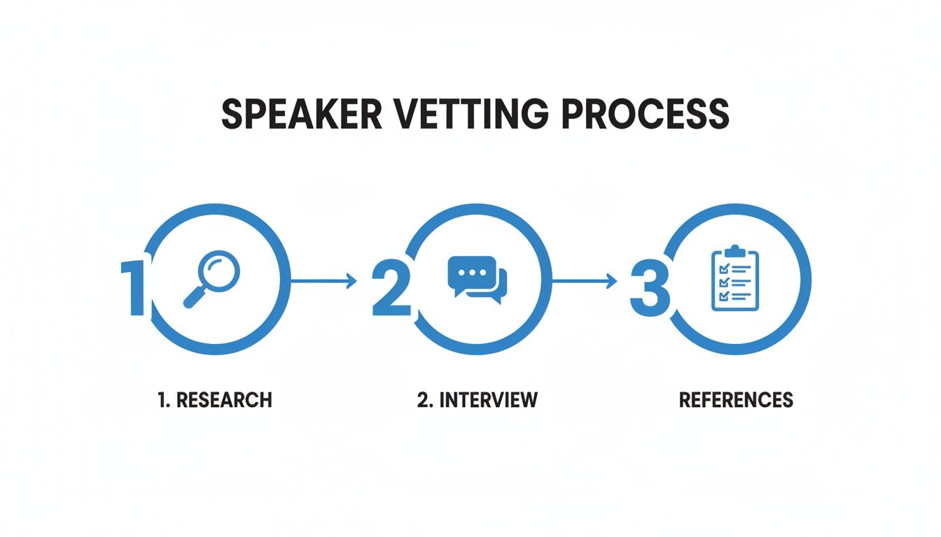 A flow diagram illustrating a three-step speaker vetting process: research, interview, and references.