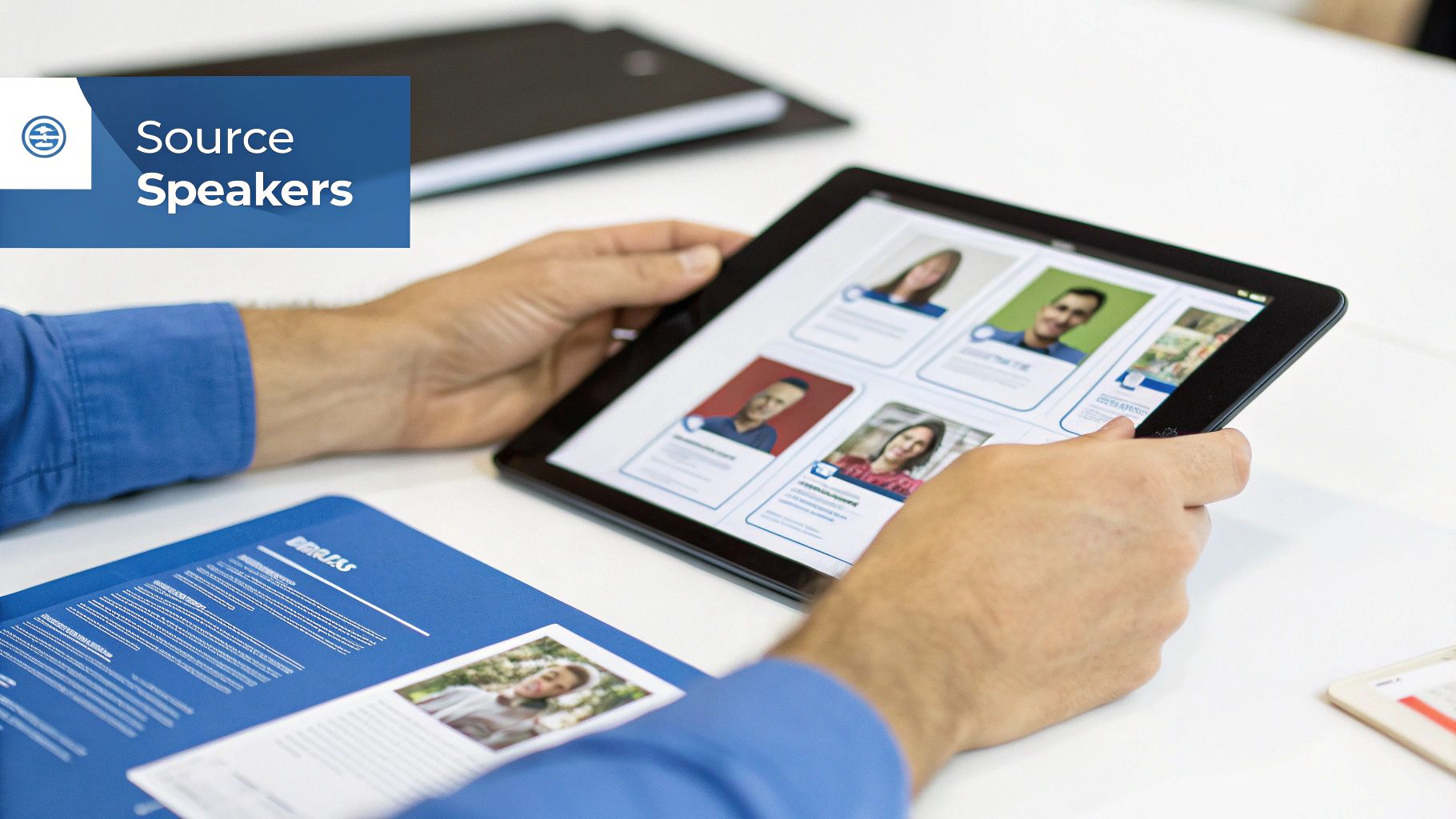 A group of event planners reviewing speaker profiles on a tablet.