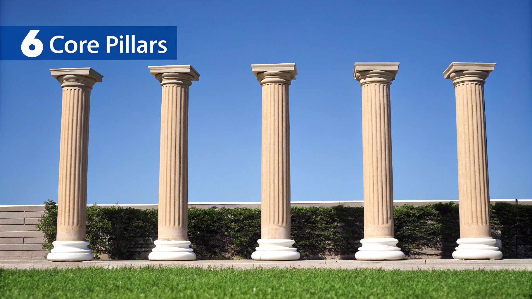 Six colorful pillars standing in a row, each representing a core principle of customer experience like certainty, control, and enjoyment.
