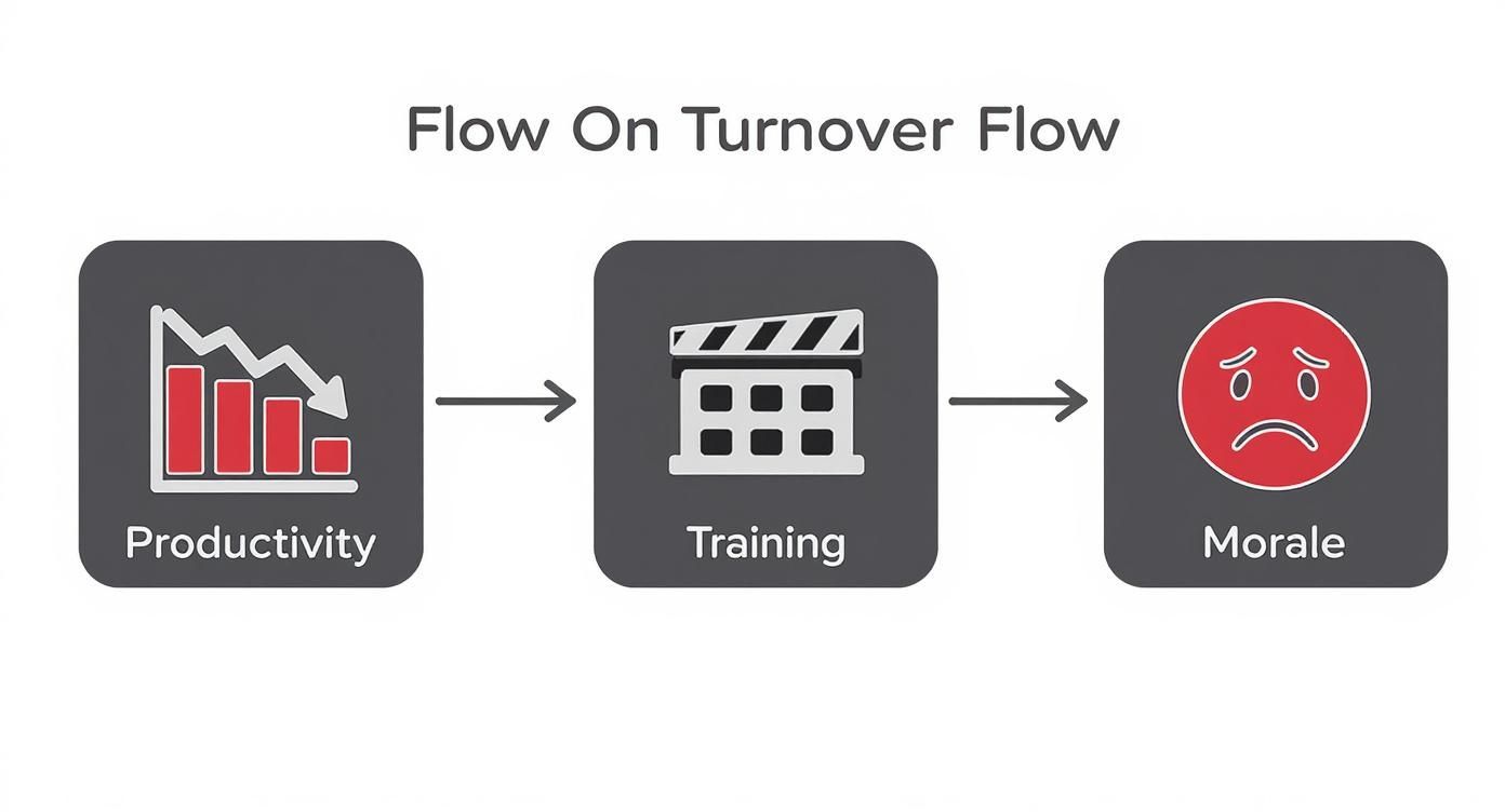 Flow chart showing how declining productivity leads to increased training needs and eventually damages employee morale