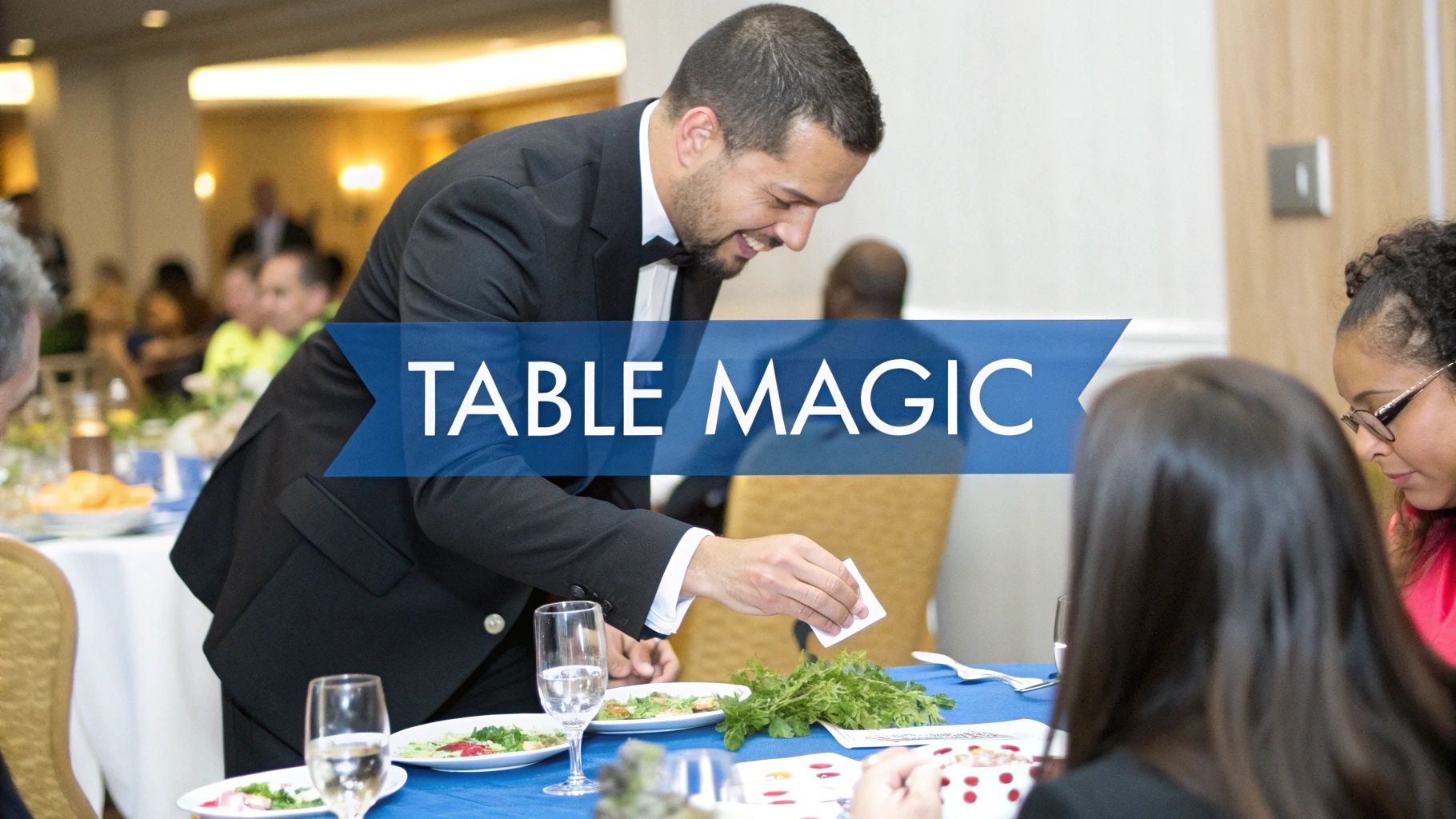 A magician in a tuxedo performs table magic, smiling at guests during a corporate event.