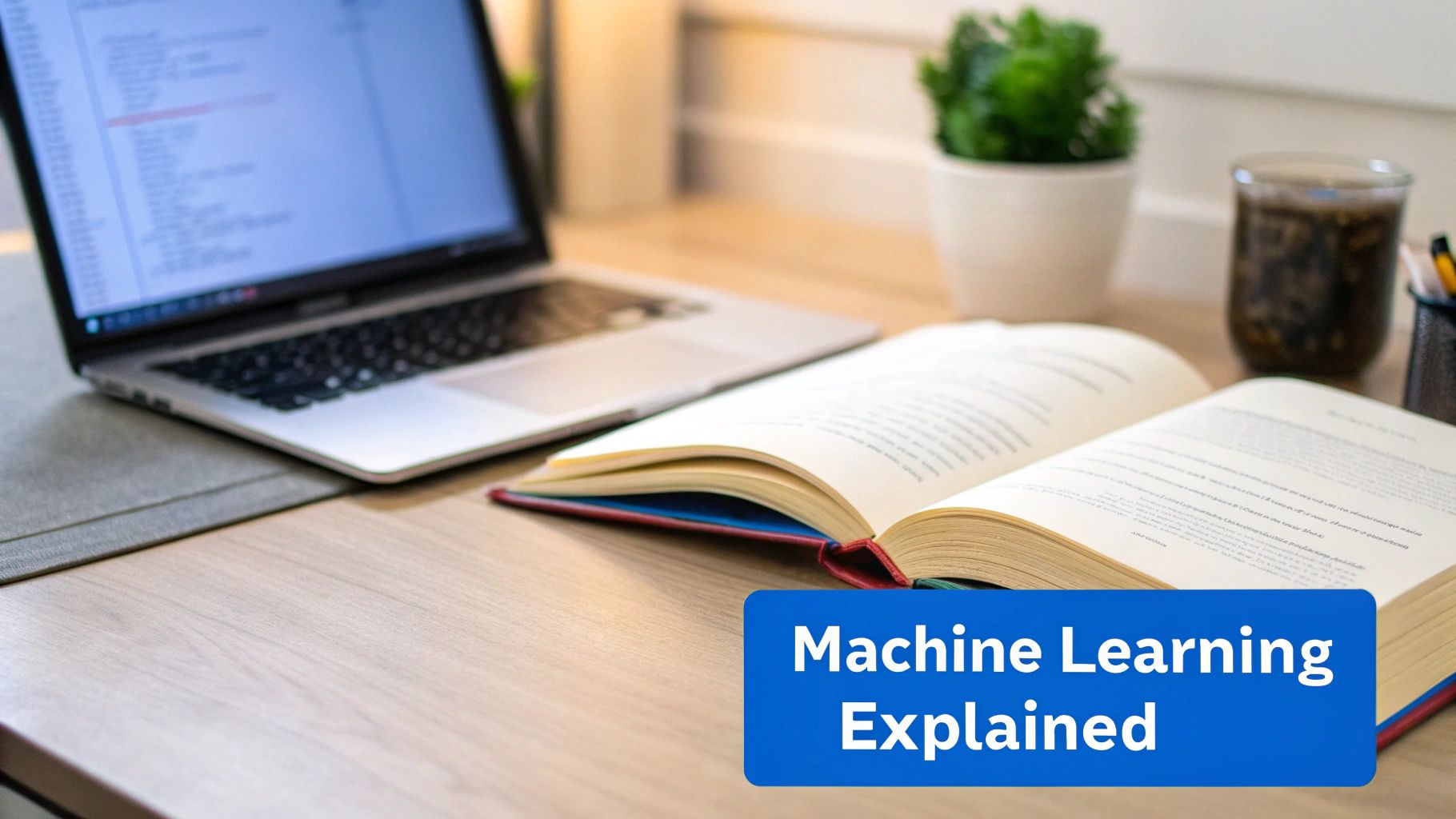 Laptop displaying code, an open book, and a plant on a desk with 'Machine Learning Explained' text.