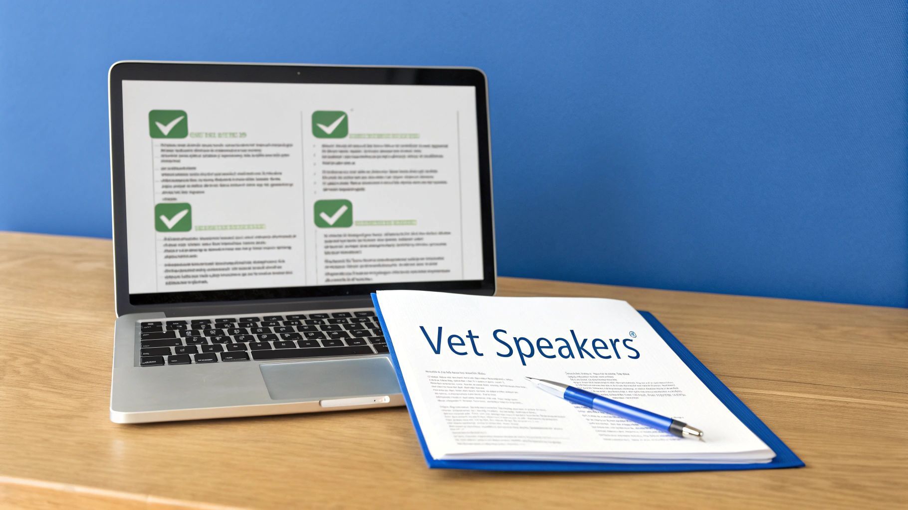 Laptop displaying a presentation with checkmarks, alongside a document titled "Vet Speakers" and a pen.