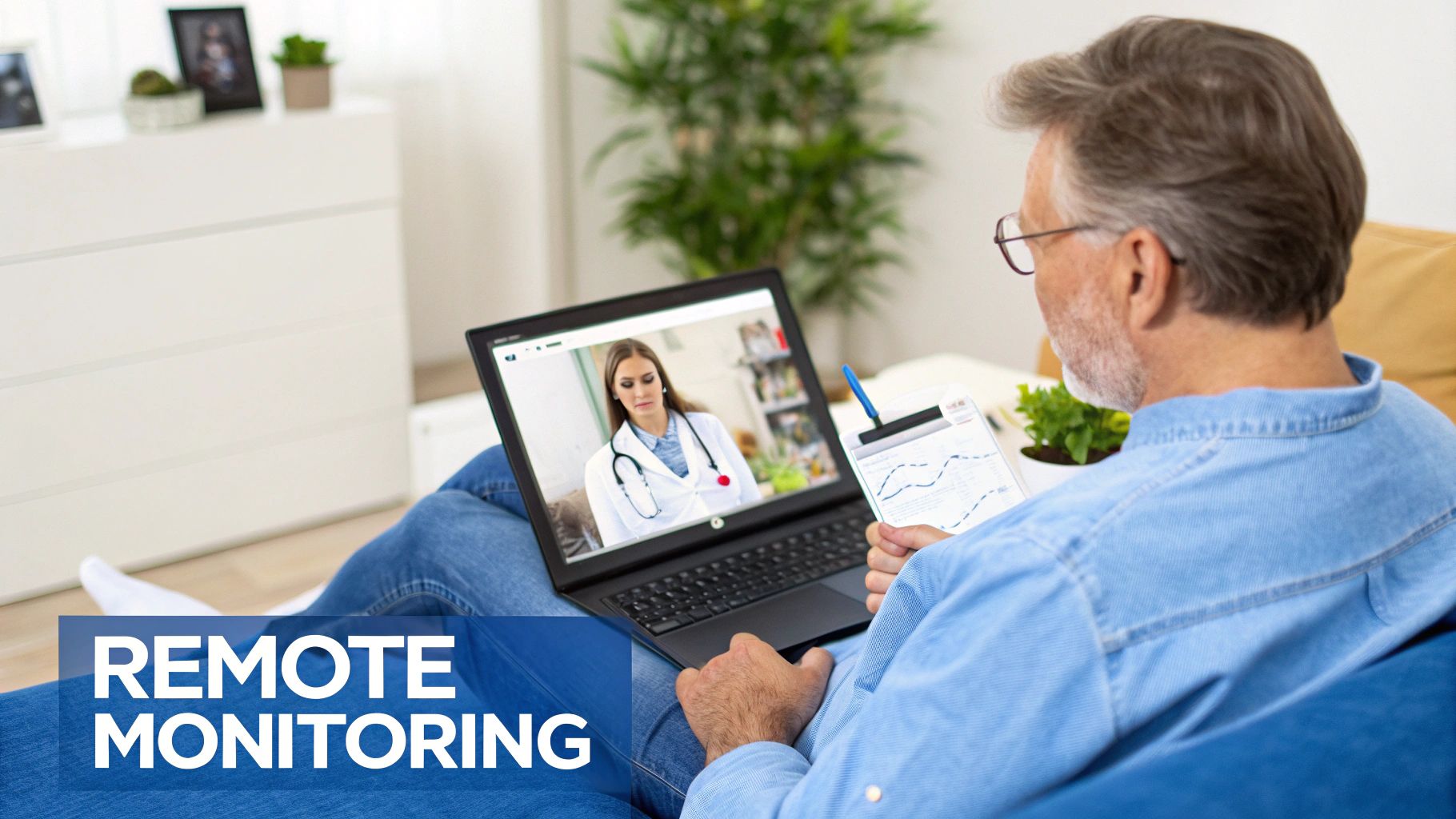 Senior man having video consultation with female doctor on laptop at home