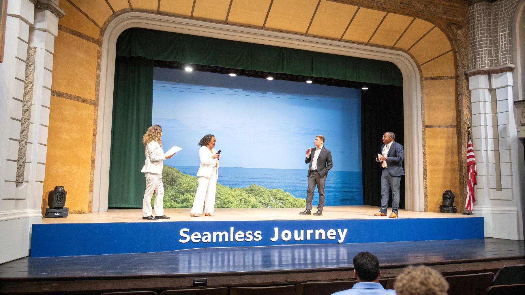 A person pointing at a flowchart illustrating a customer's journey, surrounded by data and analytics icons.
