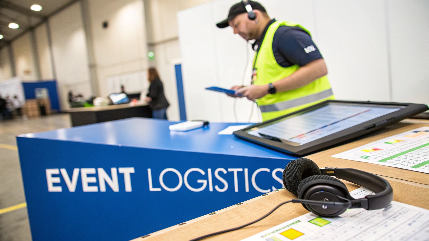 A person in a high-visibility vest uses a tablet at an 'EVENT LOGISTICS' counter.