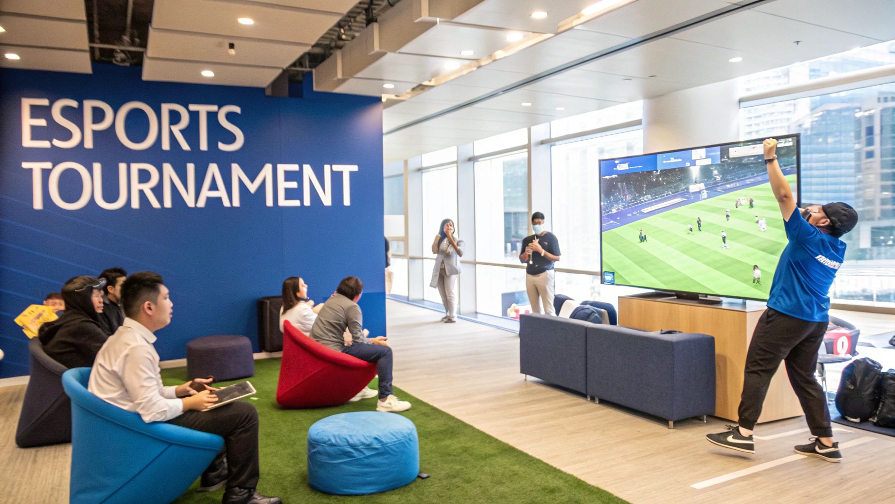 An esports tournament event with people gaming, cheering, and watching in a contemporary office.