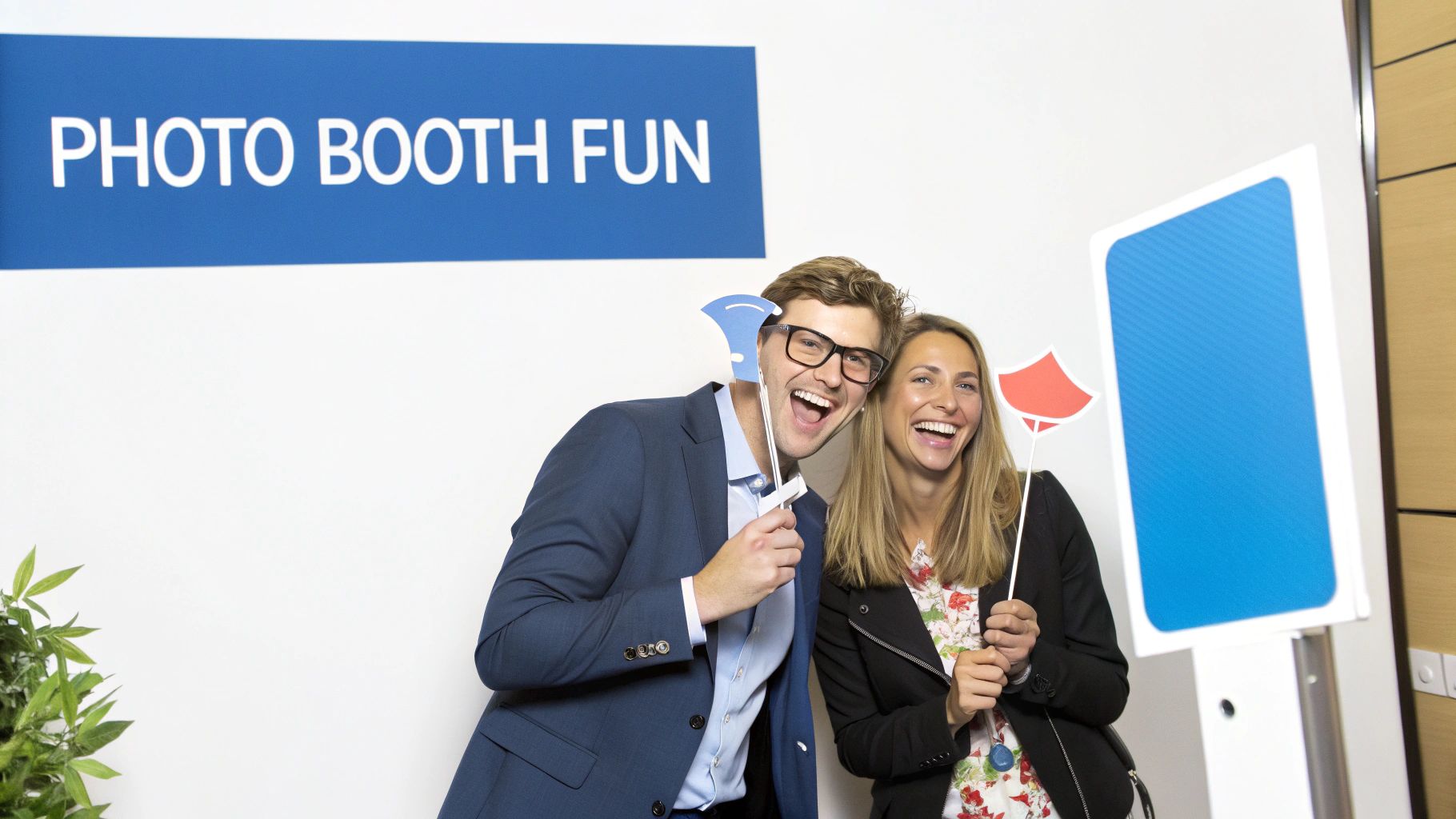 A man and a woman joyfully posing with props at a corporate event photo booth.