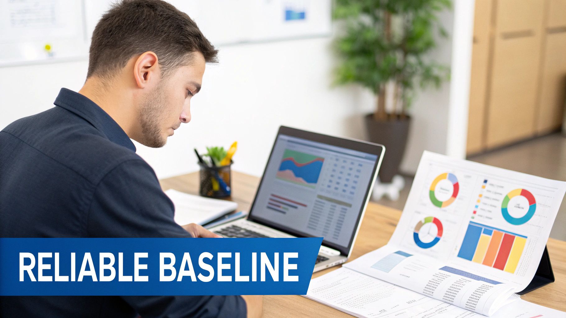 A person examining charts and graphs on a digital screen, symbolizing data analysis and forecasting.