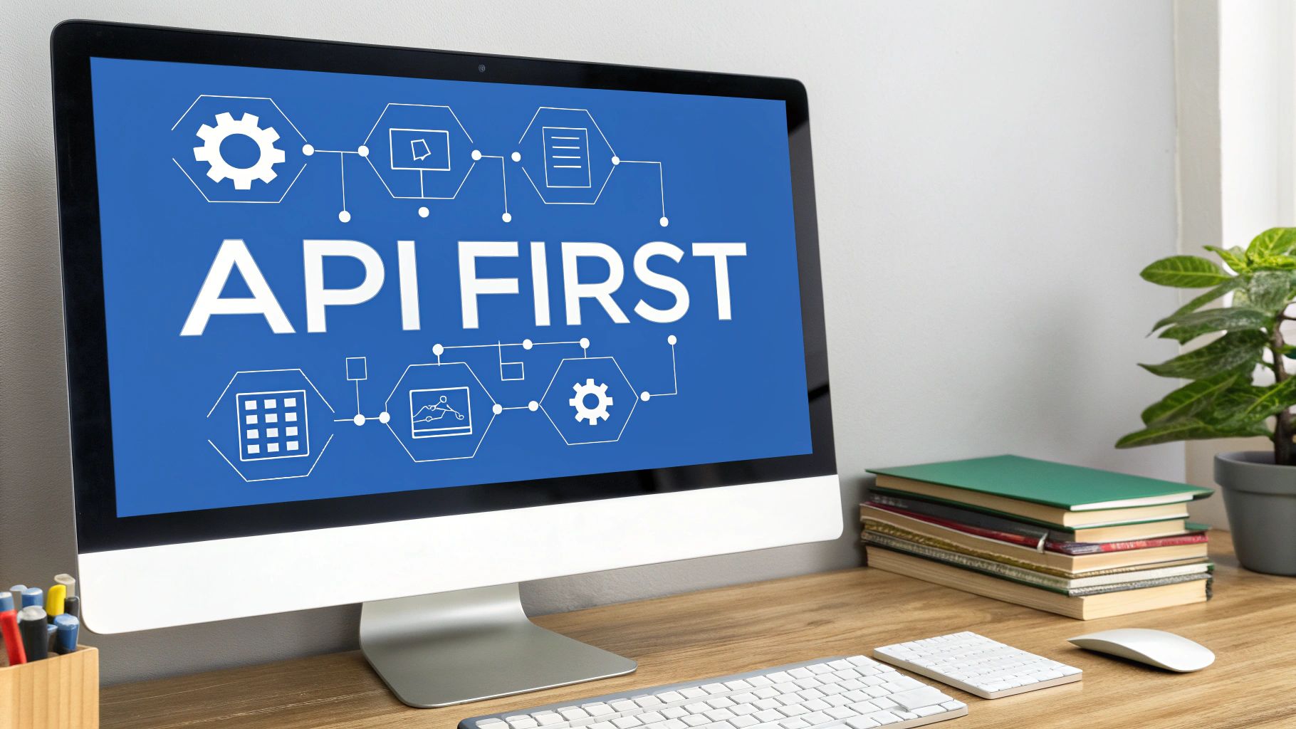 API First development concept displayed on computer monitor with connected hexagonal icons representing integration workflow